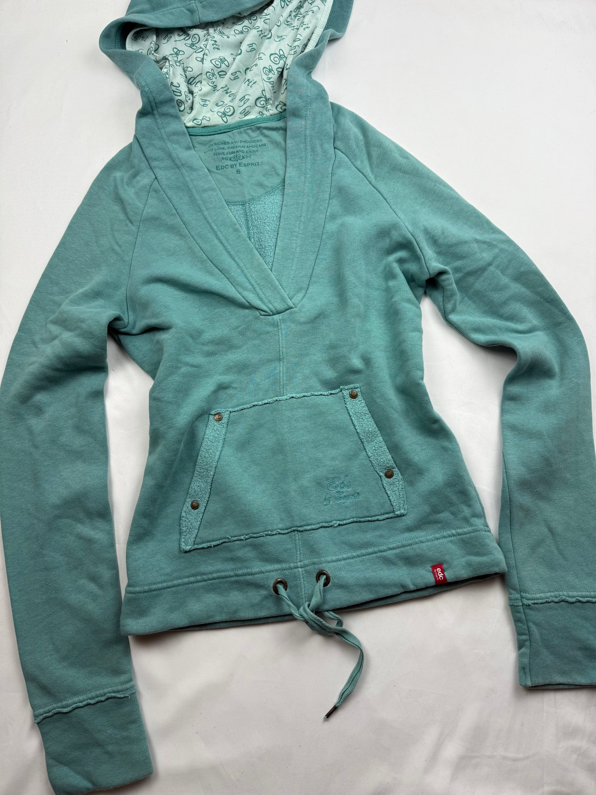 Blue cotton V neck tight fit hoodie (S)