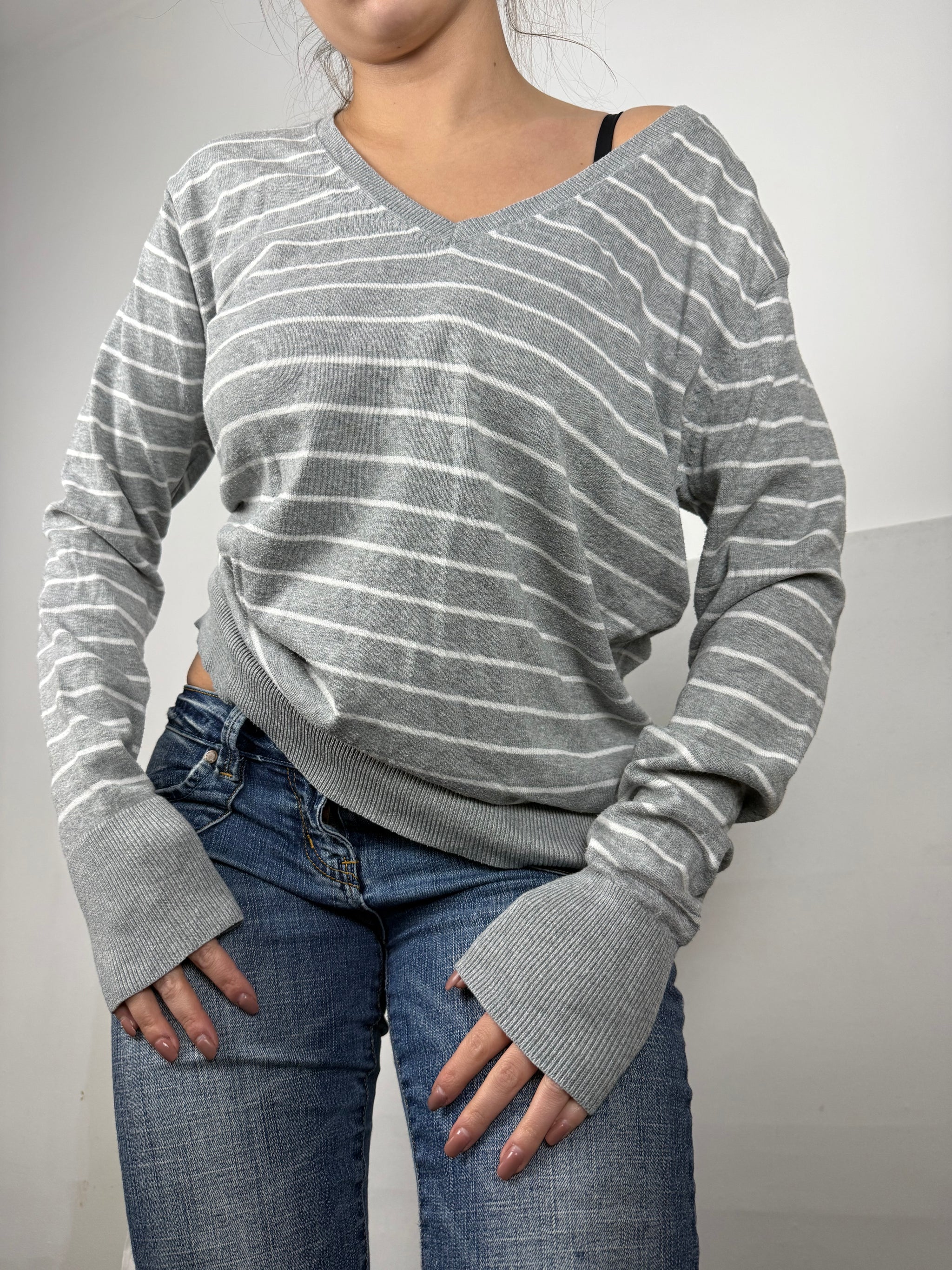 Grey striped V neck jumper (XL)