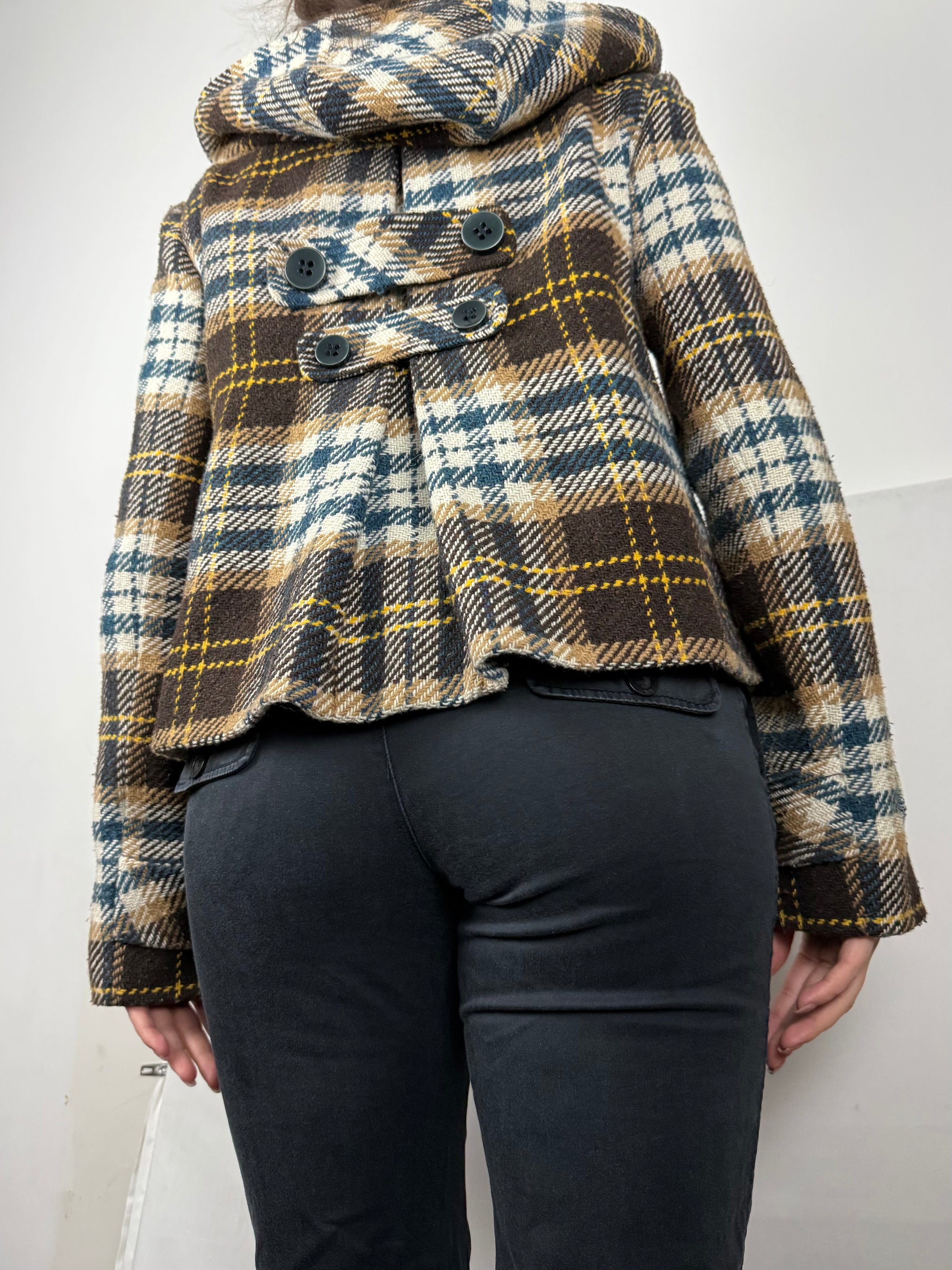 Beige check print mid season hooded caban jacket (M)