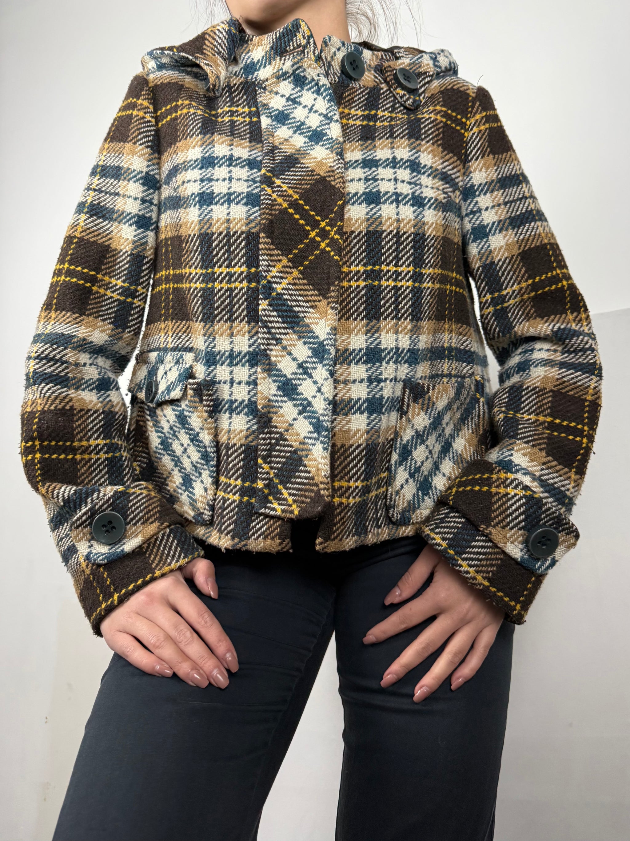 Beige check print mid season hooded caban jacket (M)