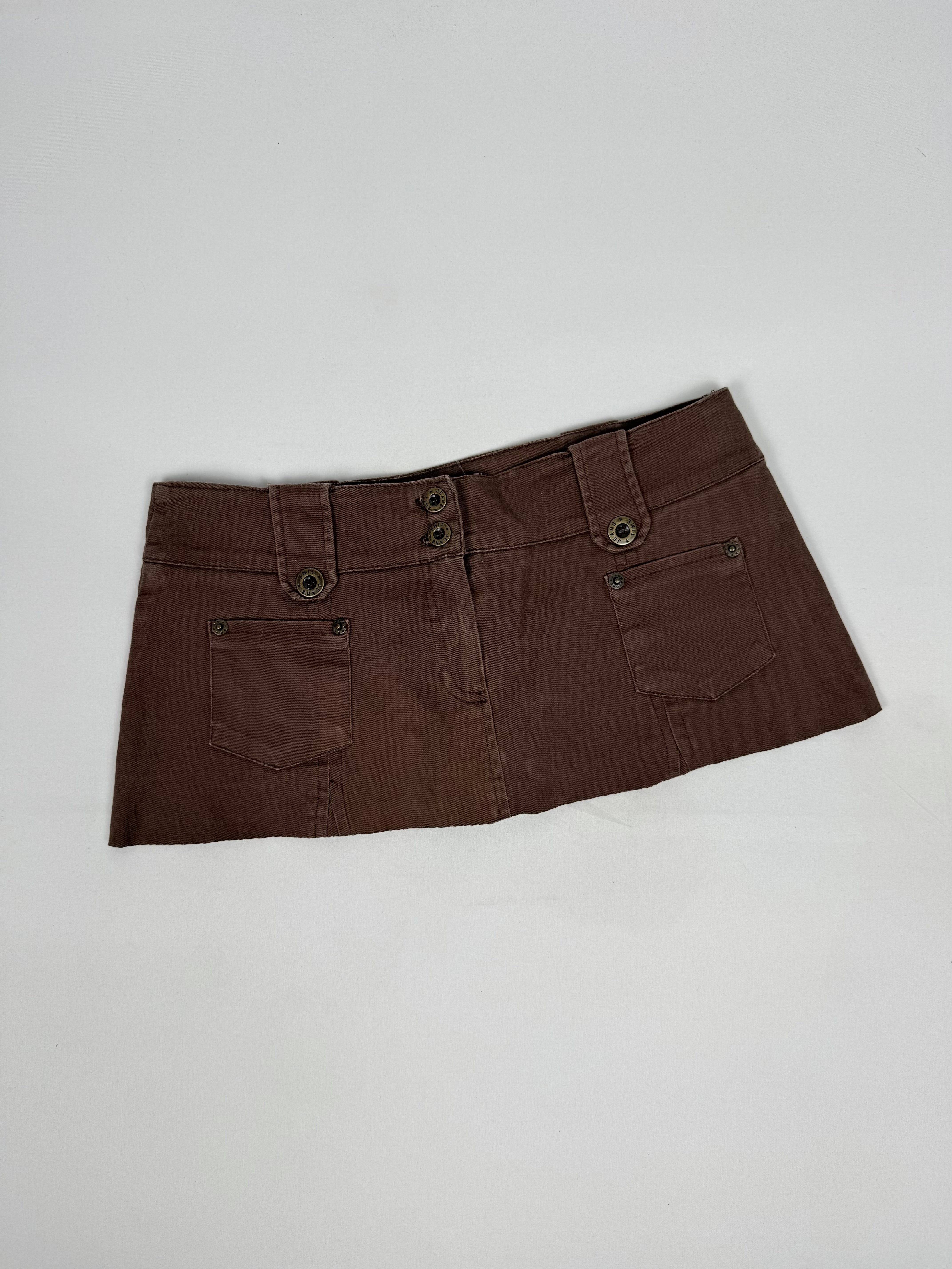 Brown denim ultra low rise mini skirt (S)