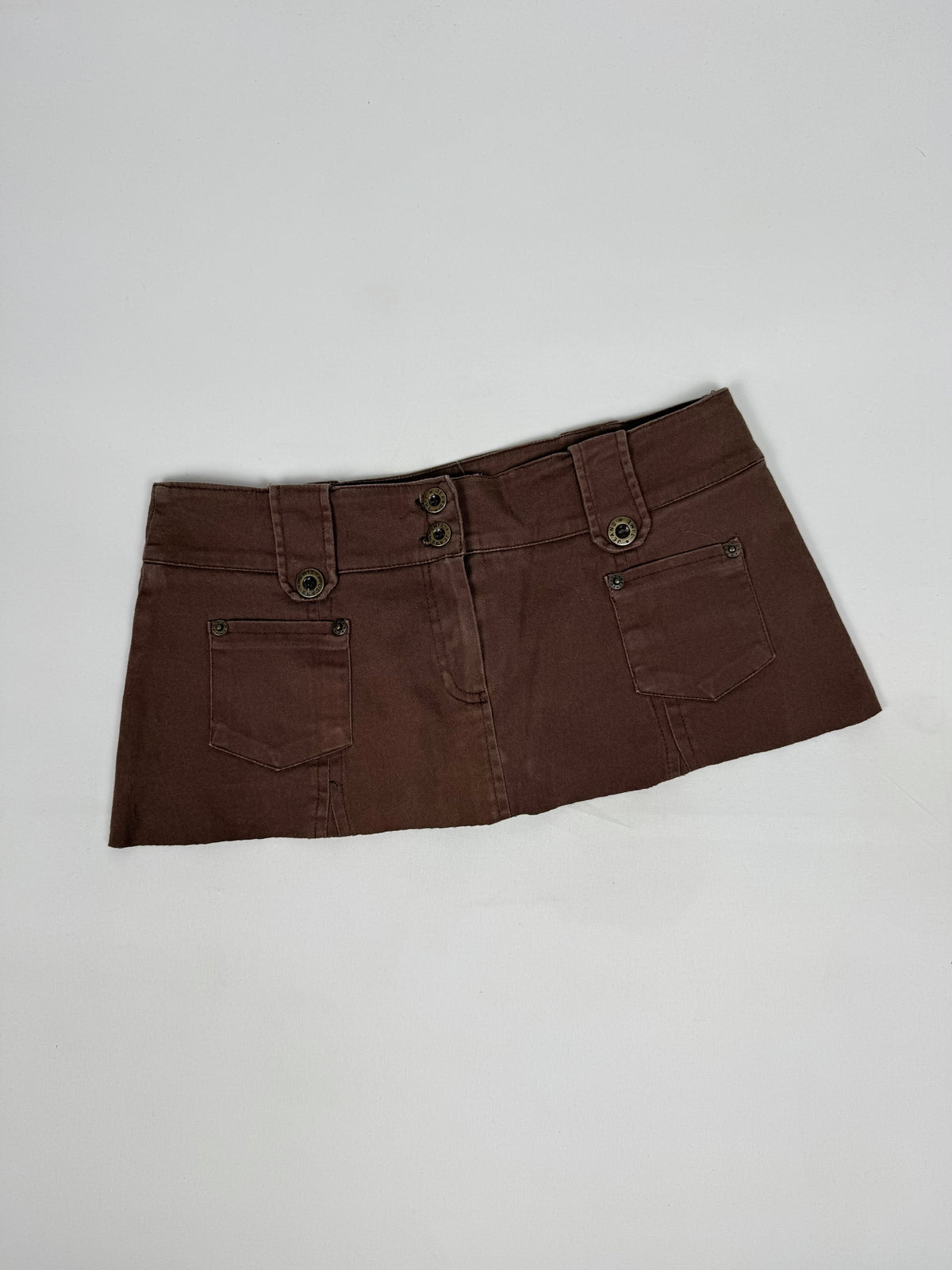 Brown denim ultra low rise mini skirt (S)
