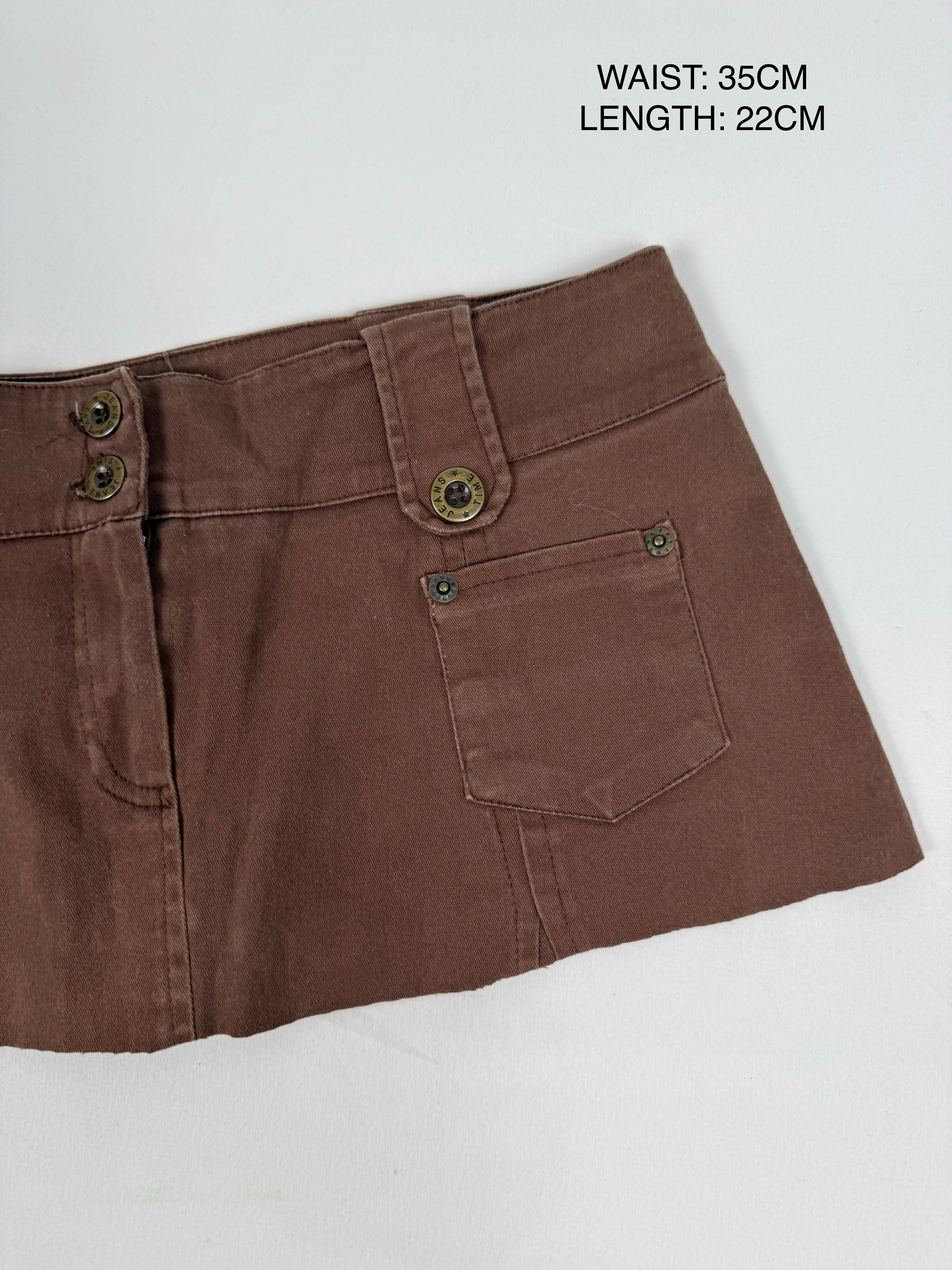 Brown denim ultra low rise mini skirt (S)