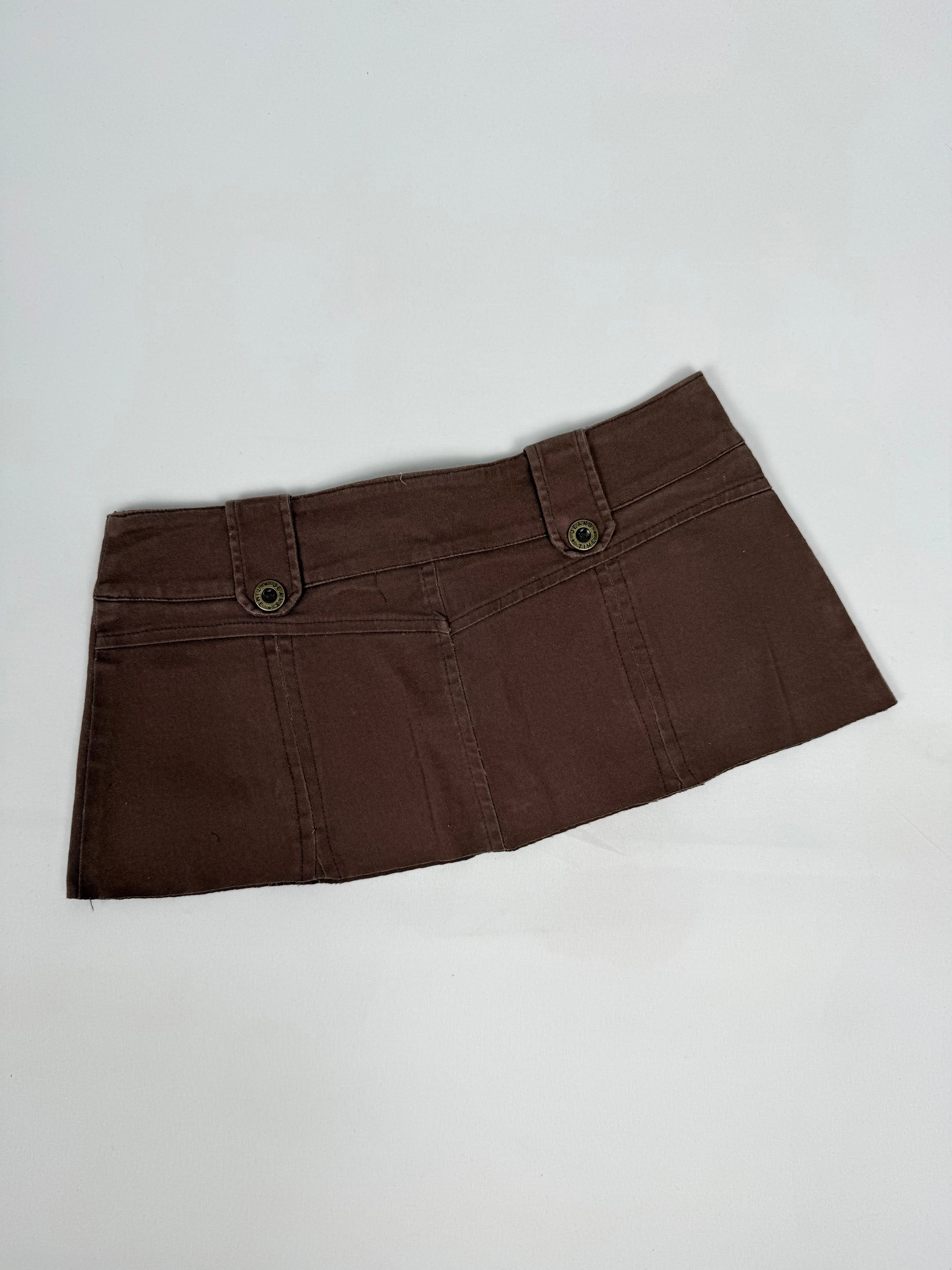 Brown denim ultra low rise mini skirt (S)