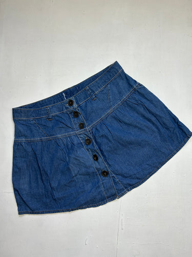 Blue denim low rise mini pleated skirt (M)