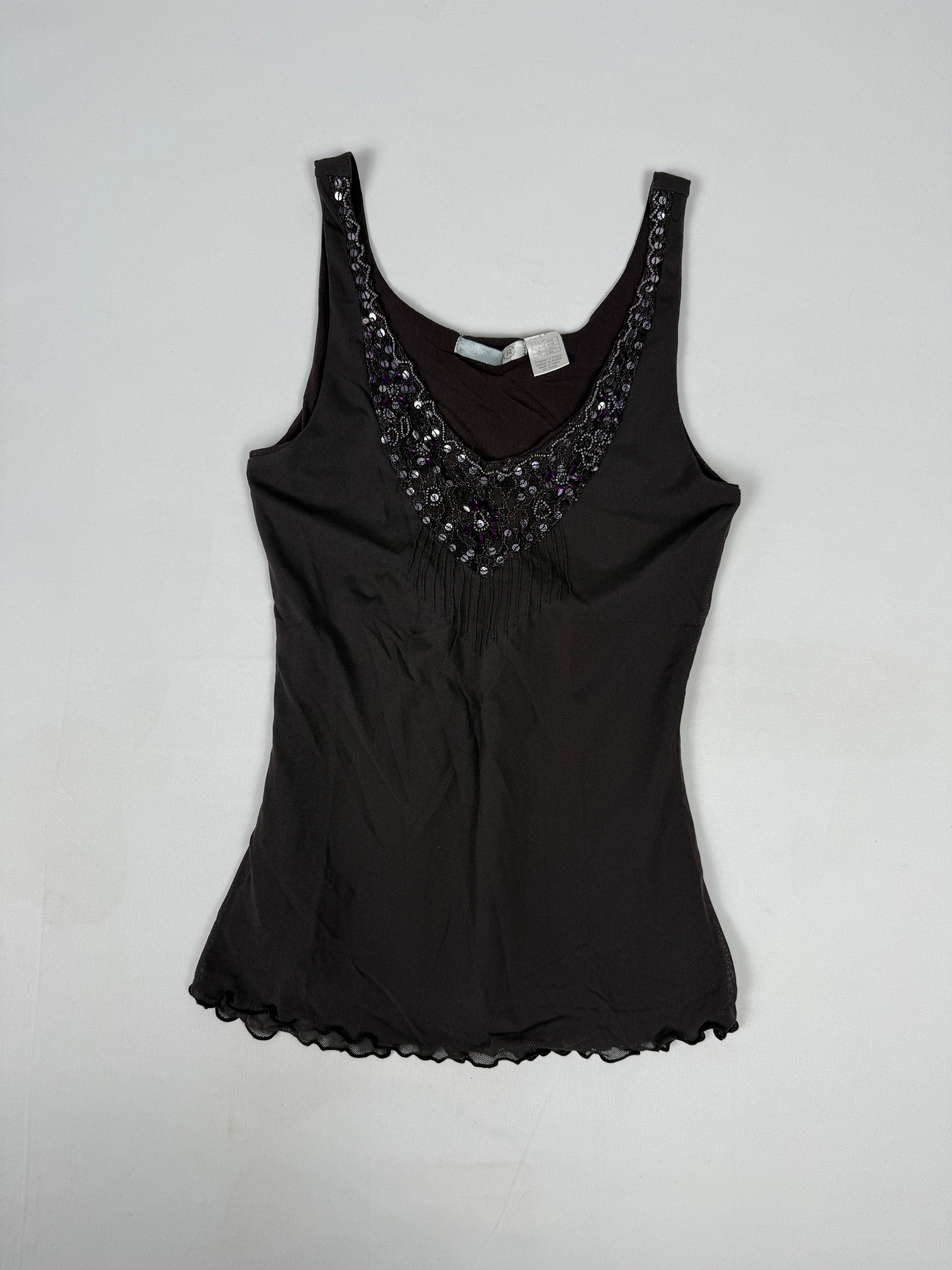 Brown mesh lined pearls top (S)