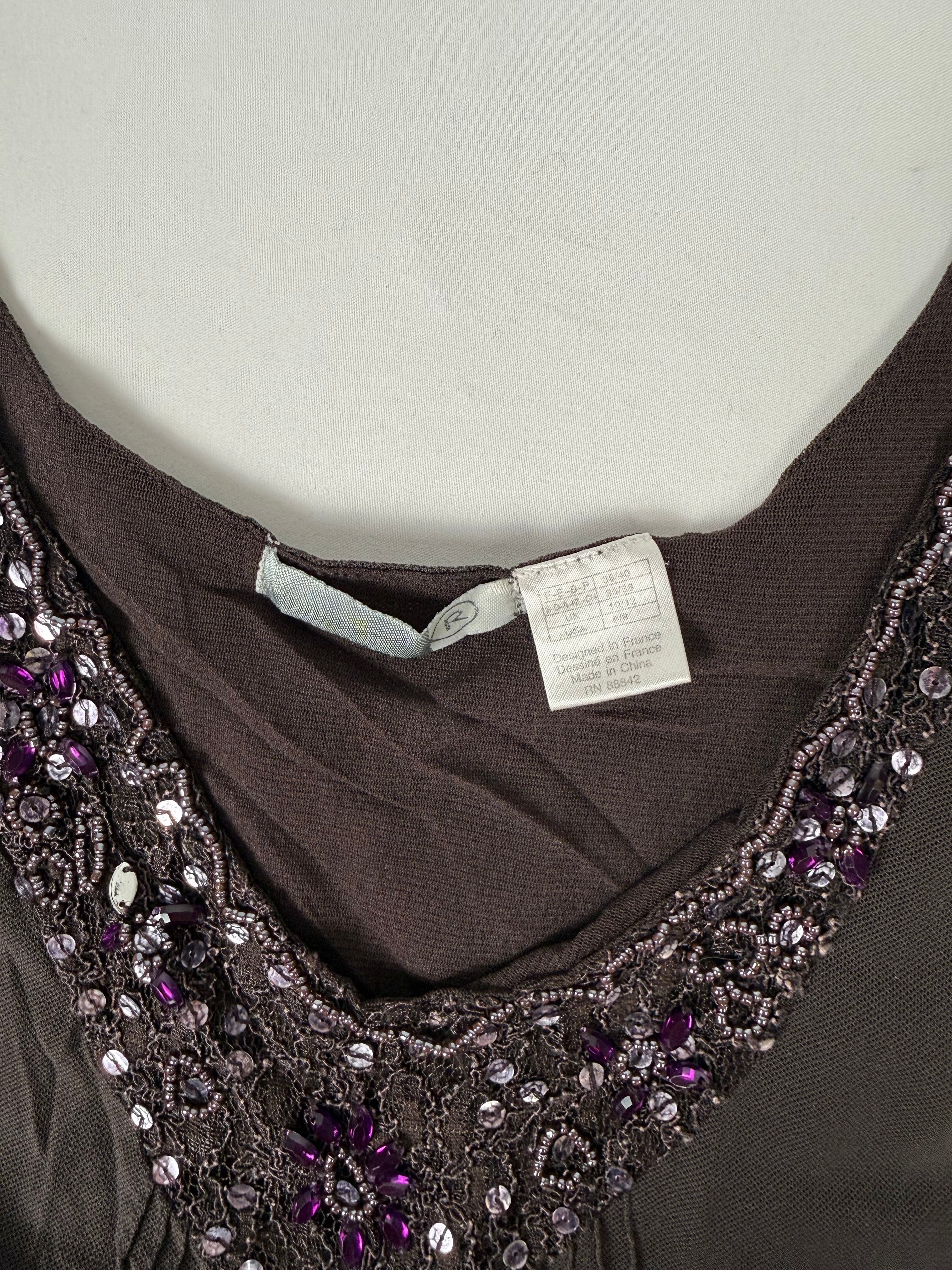 Brown mesh lined pearls top (S)