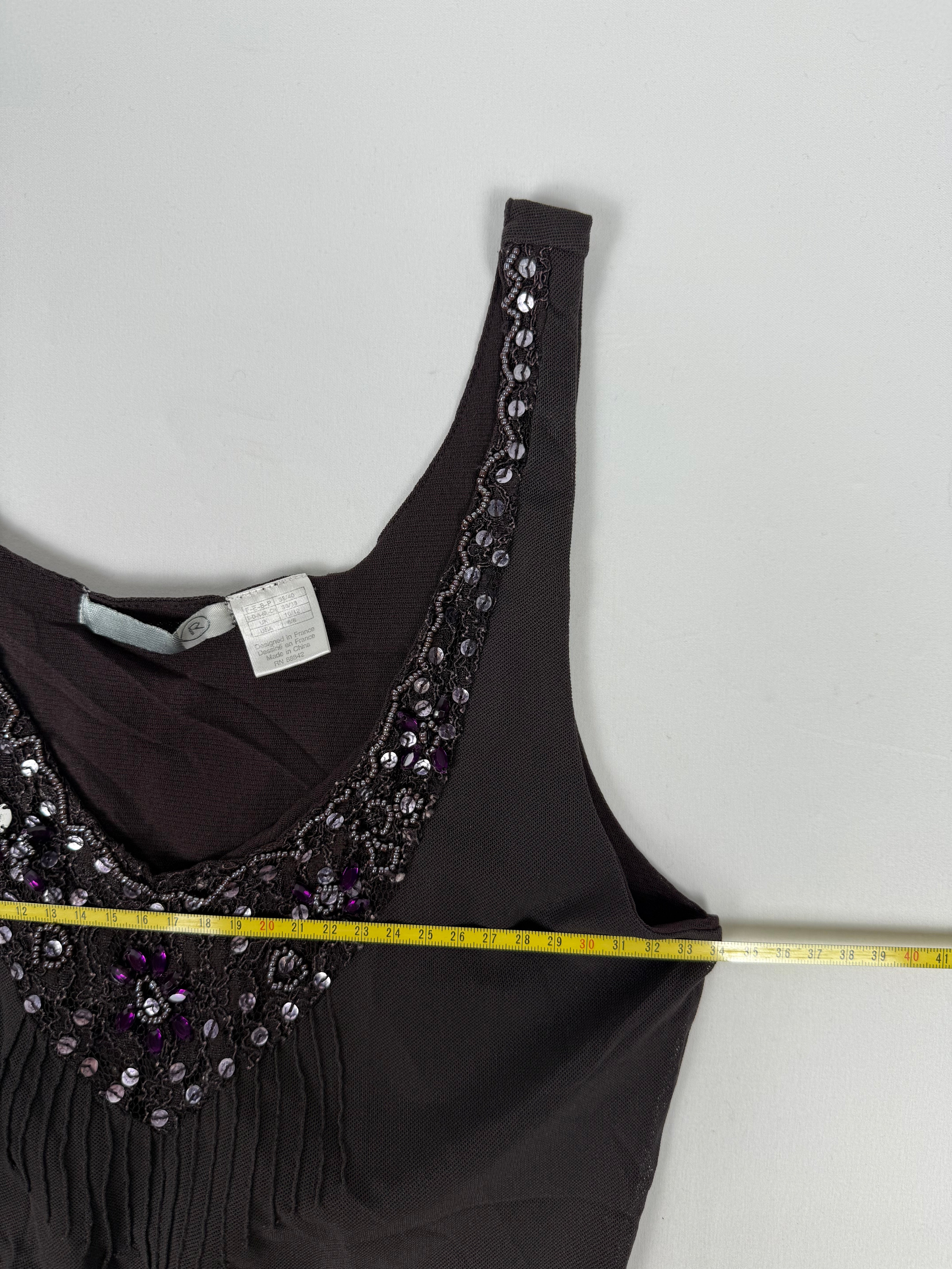 Brown mesh lined pearls top (S)