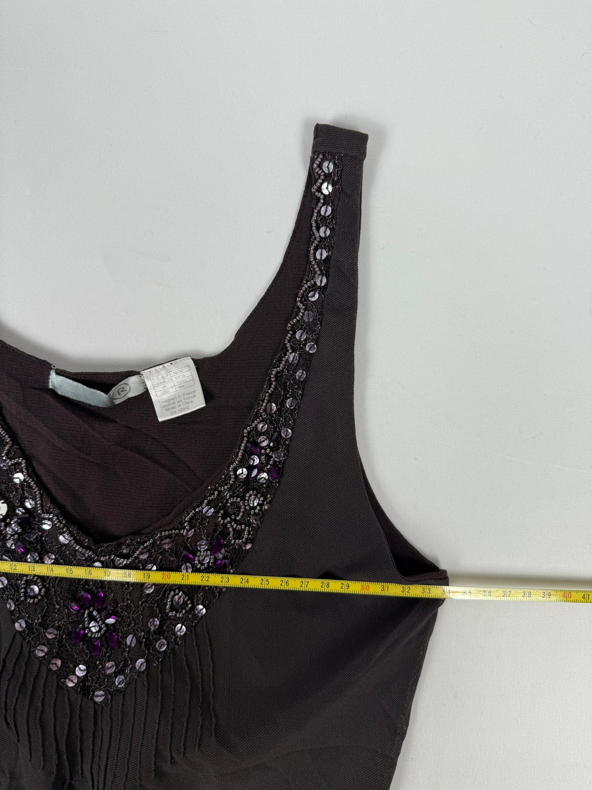 Brown mesh lined pearls top (S)