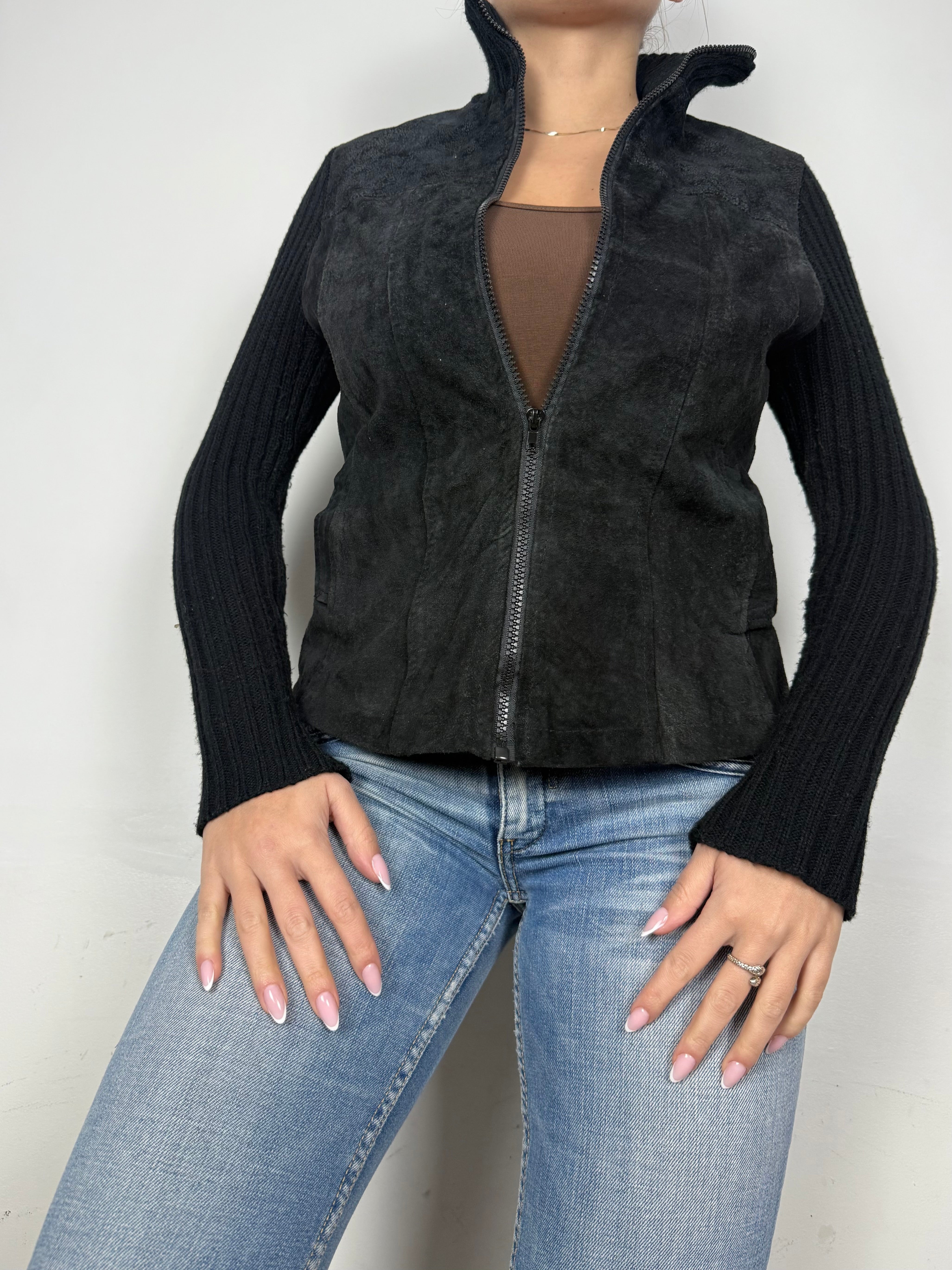 Black bi fabric 100% real suede leather knitted jacket (M)