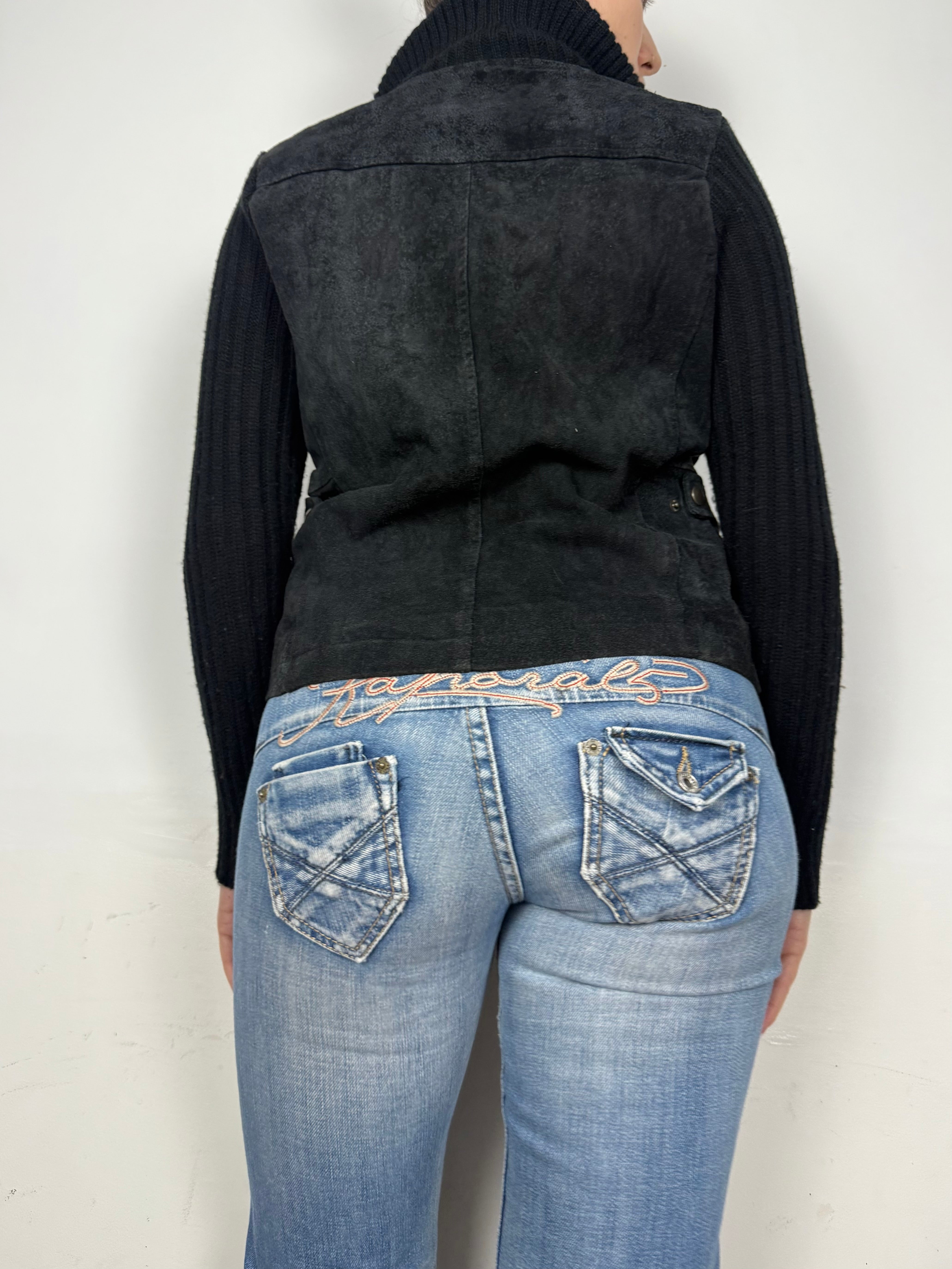 Black bi fabric 100% real suede leather knitted jacket (M)
