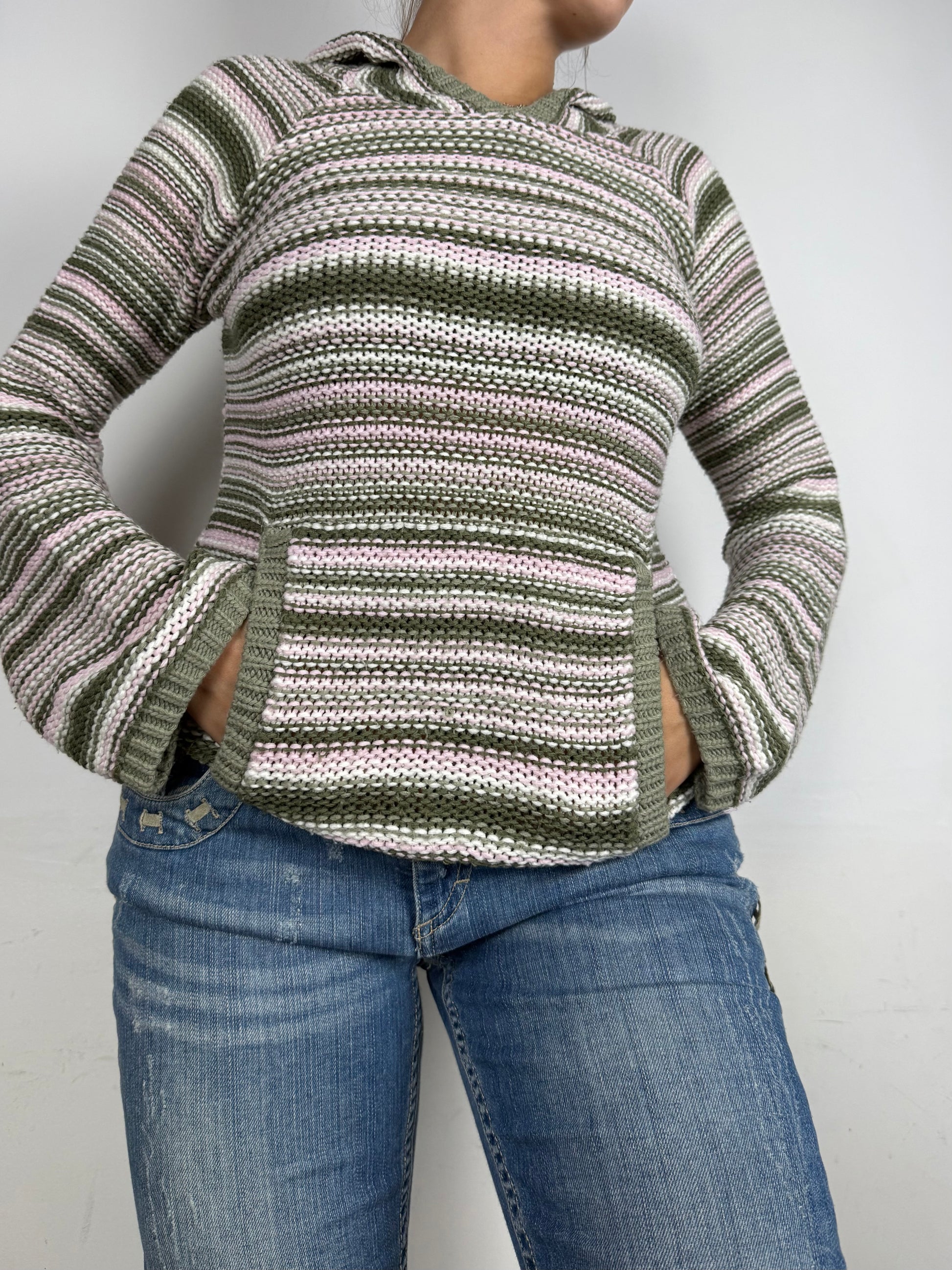 Khaki striped hooded knitted jumper (S/M)