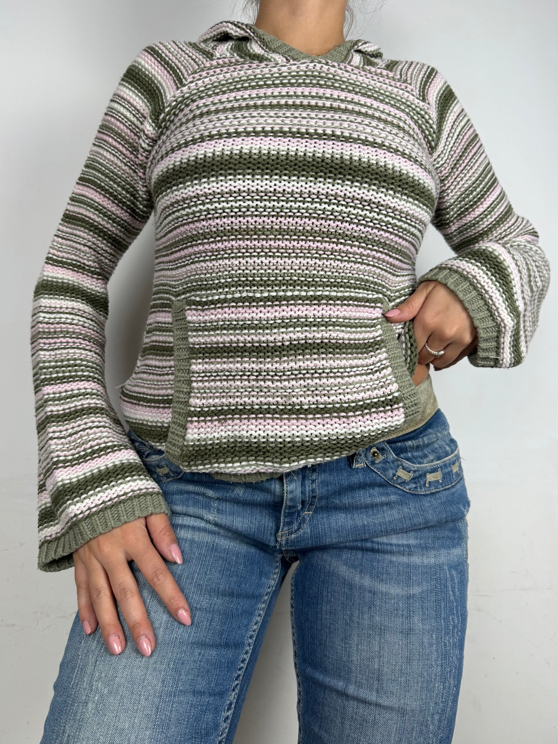 Khaki striped hooded knitted jumper (S/M)