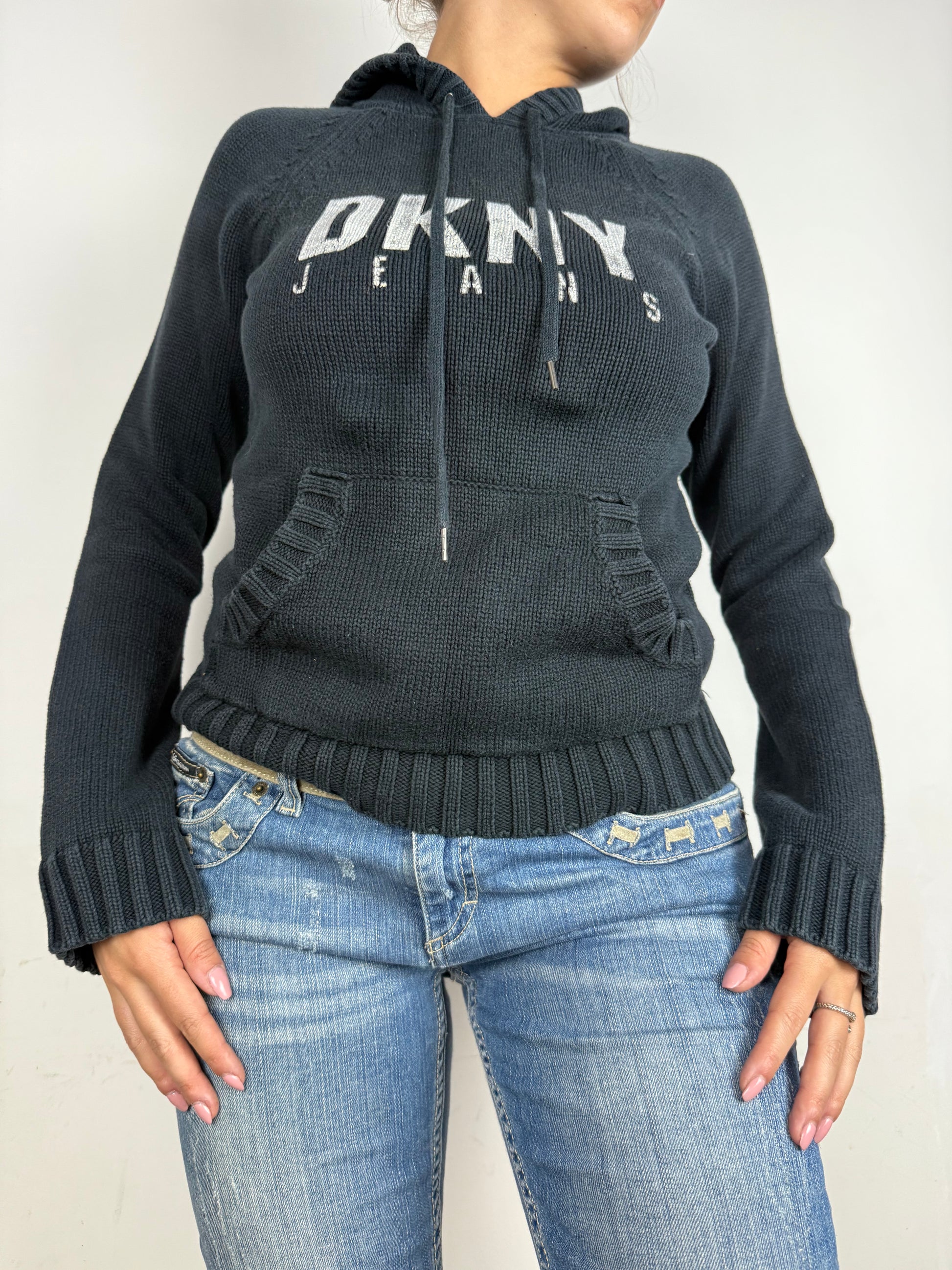 Navy logo hooded knitted jumper (S/M)