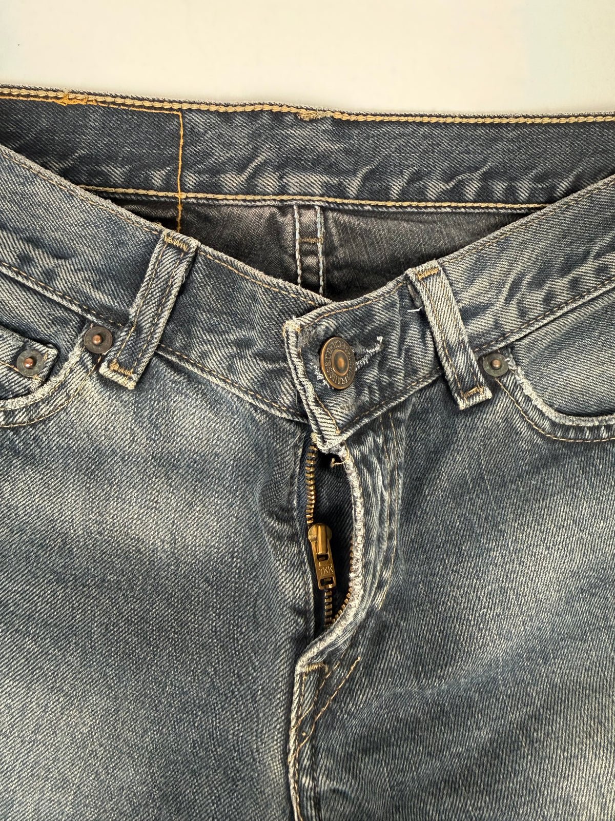 Grey denim low rise bootcut pants (XS)