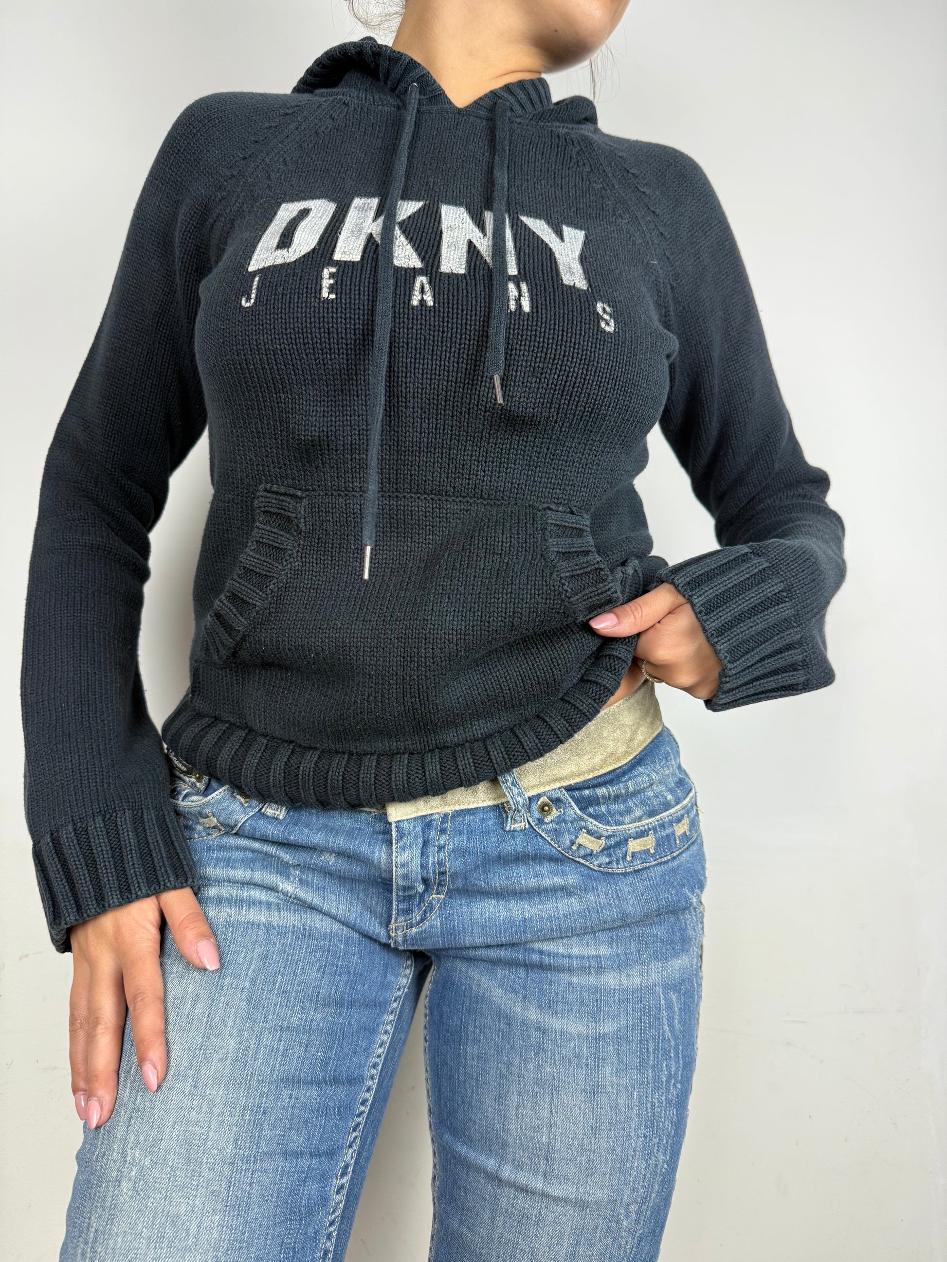 Navy logo hooded knitted jumper (S/M)