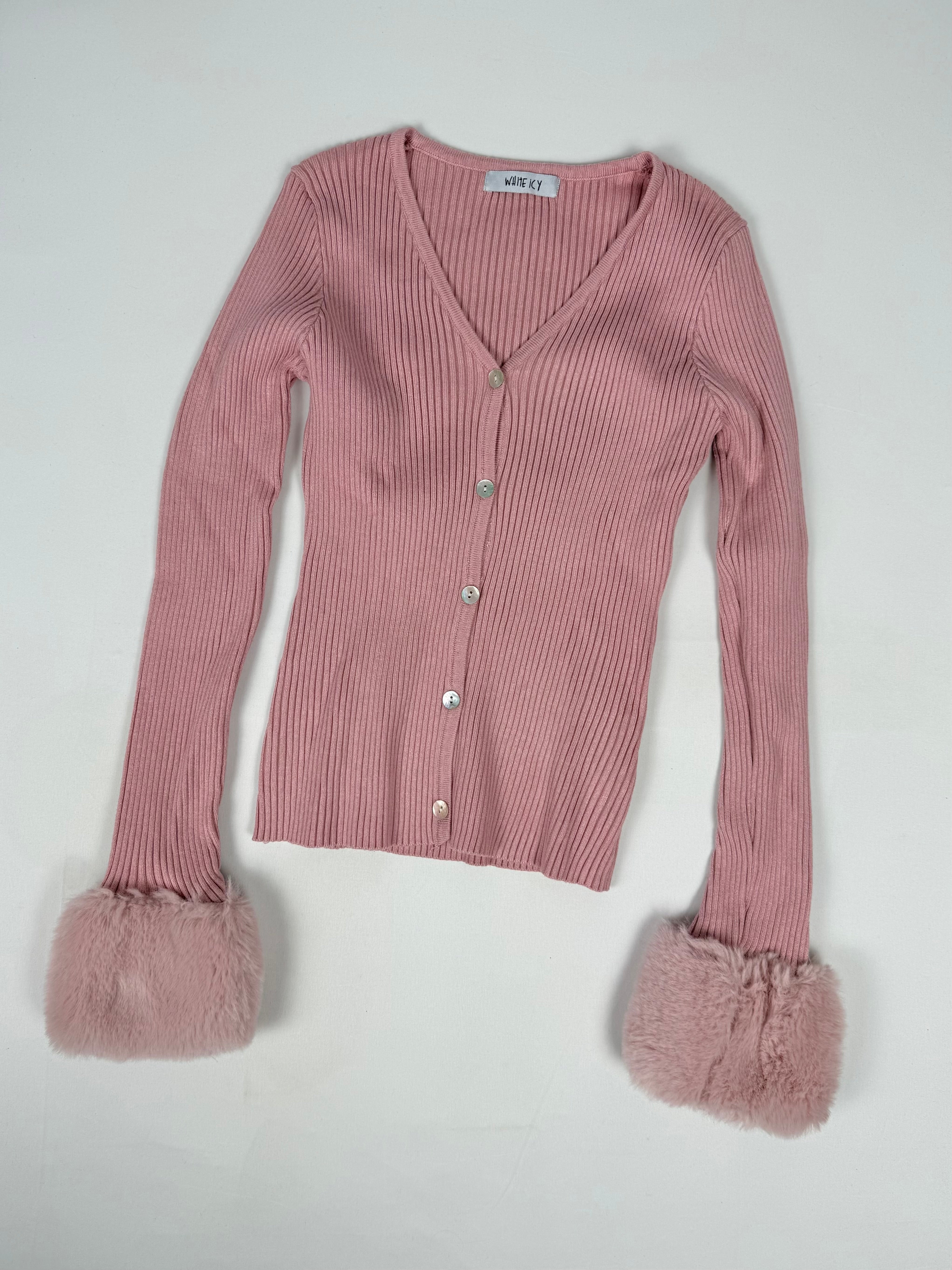 Pink ribbed faux fur cardigan (S)