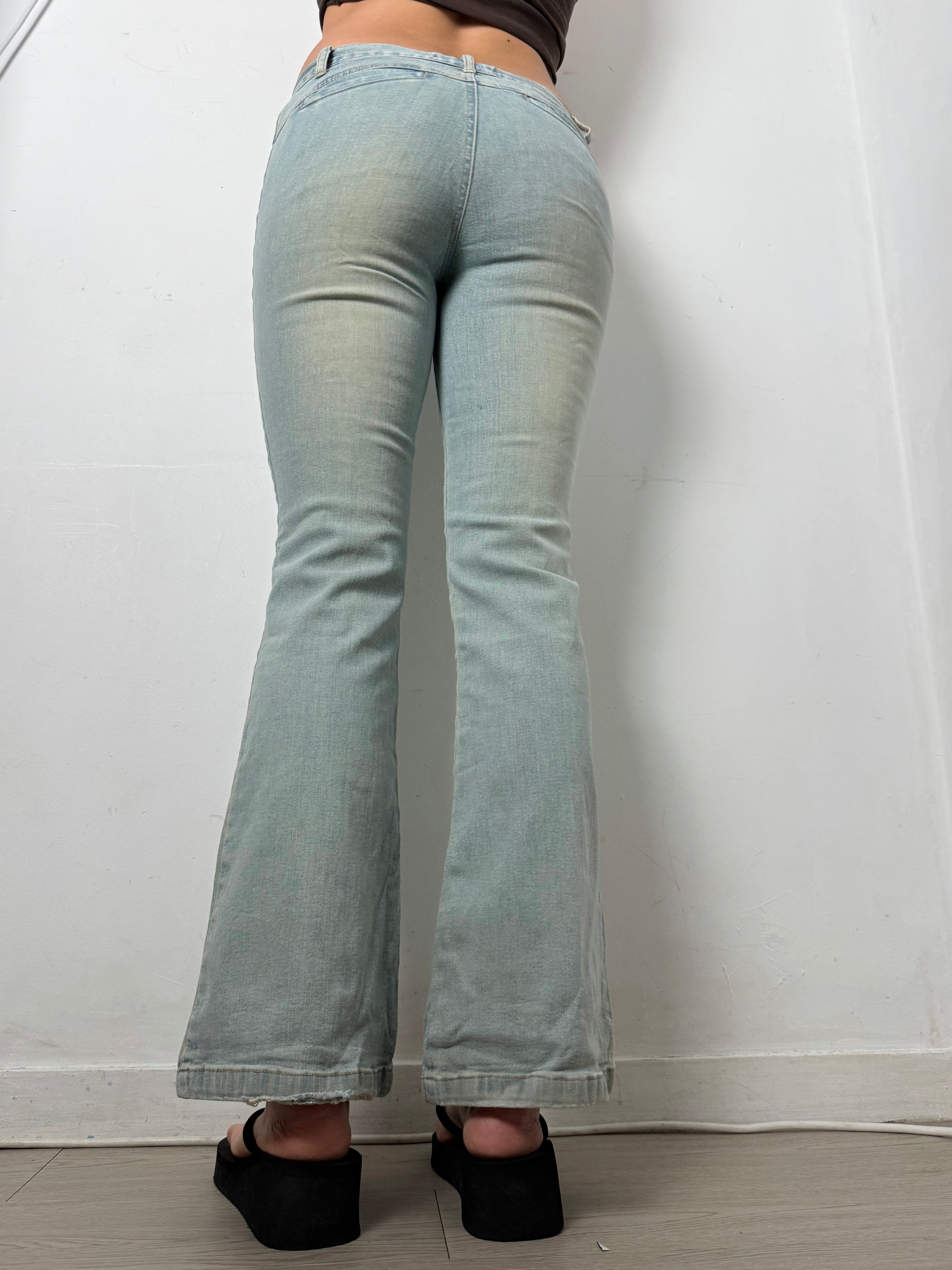 Blue denim lace up flare pants (XS)