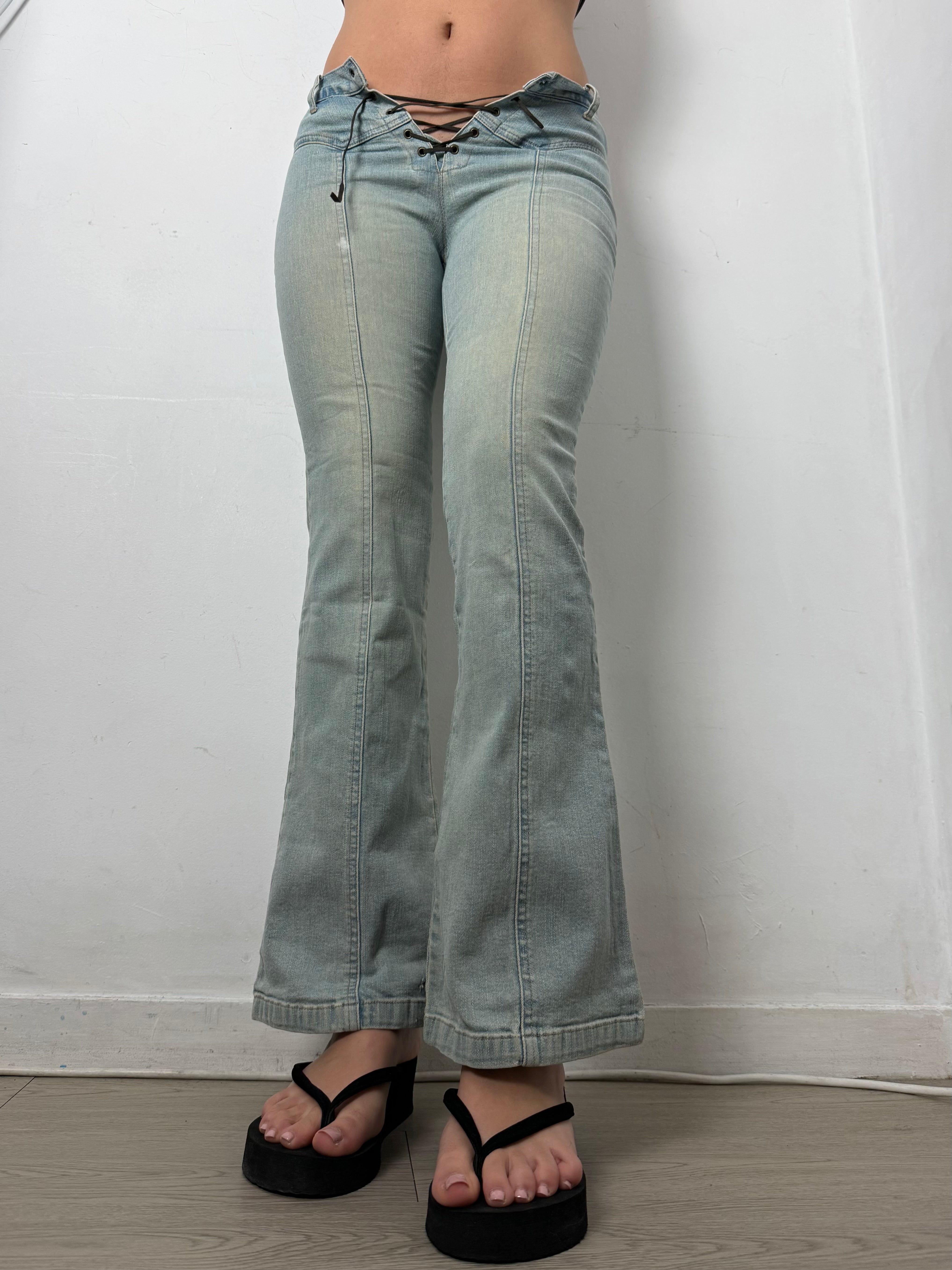 Blue denim lace up flare pants (XS)