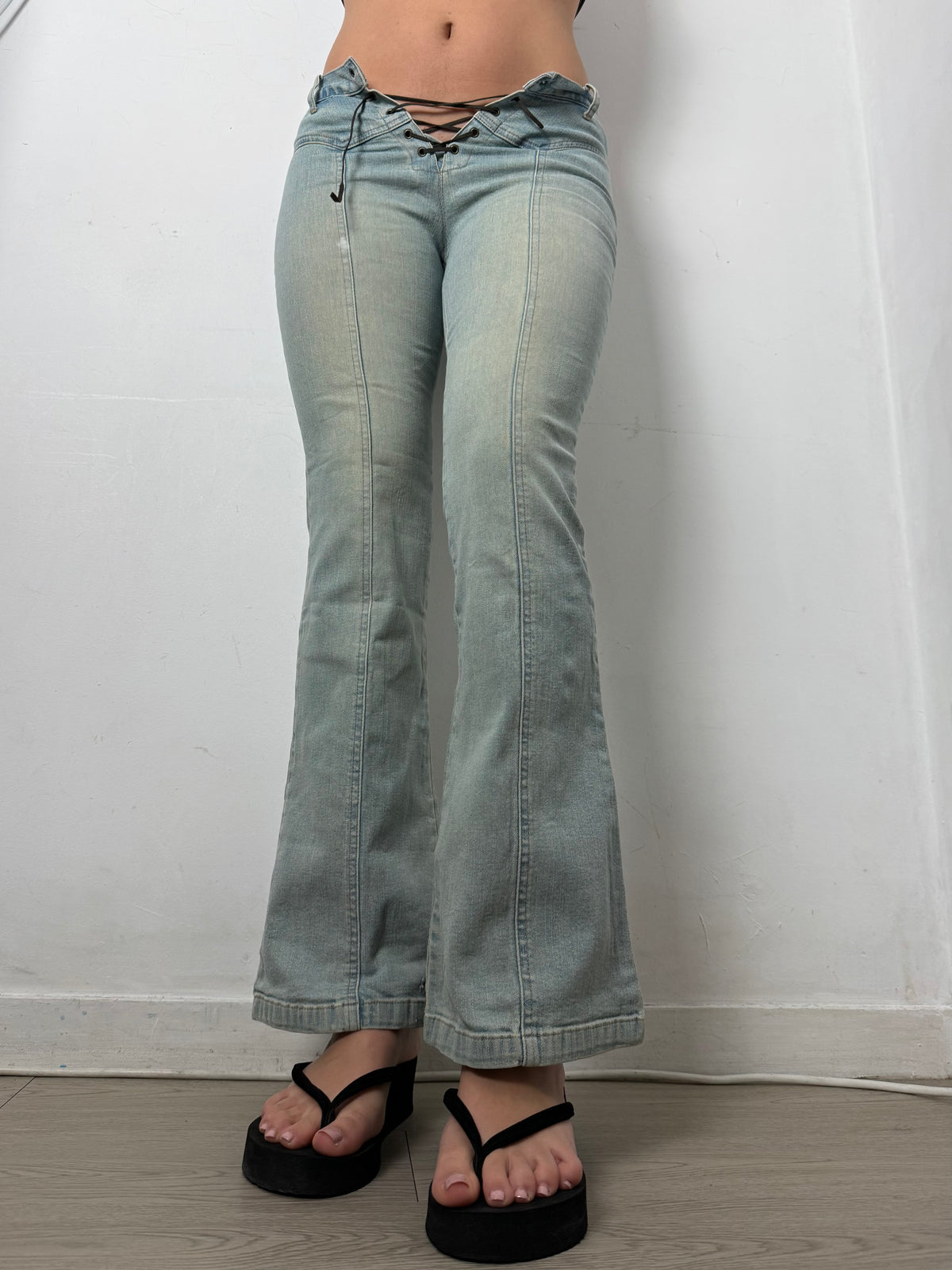 Blue denim lace up flare pants (XS)