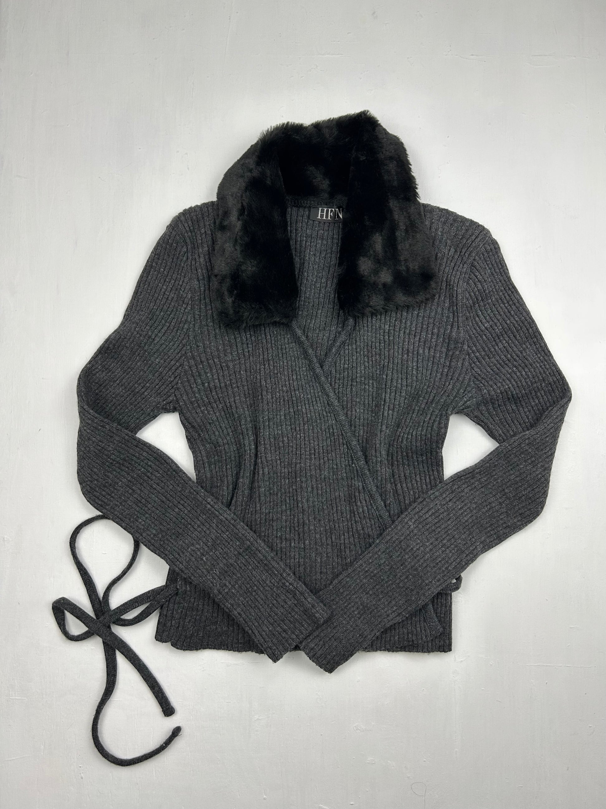 Grey faux fur neck cardigan jumper (S)