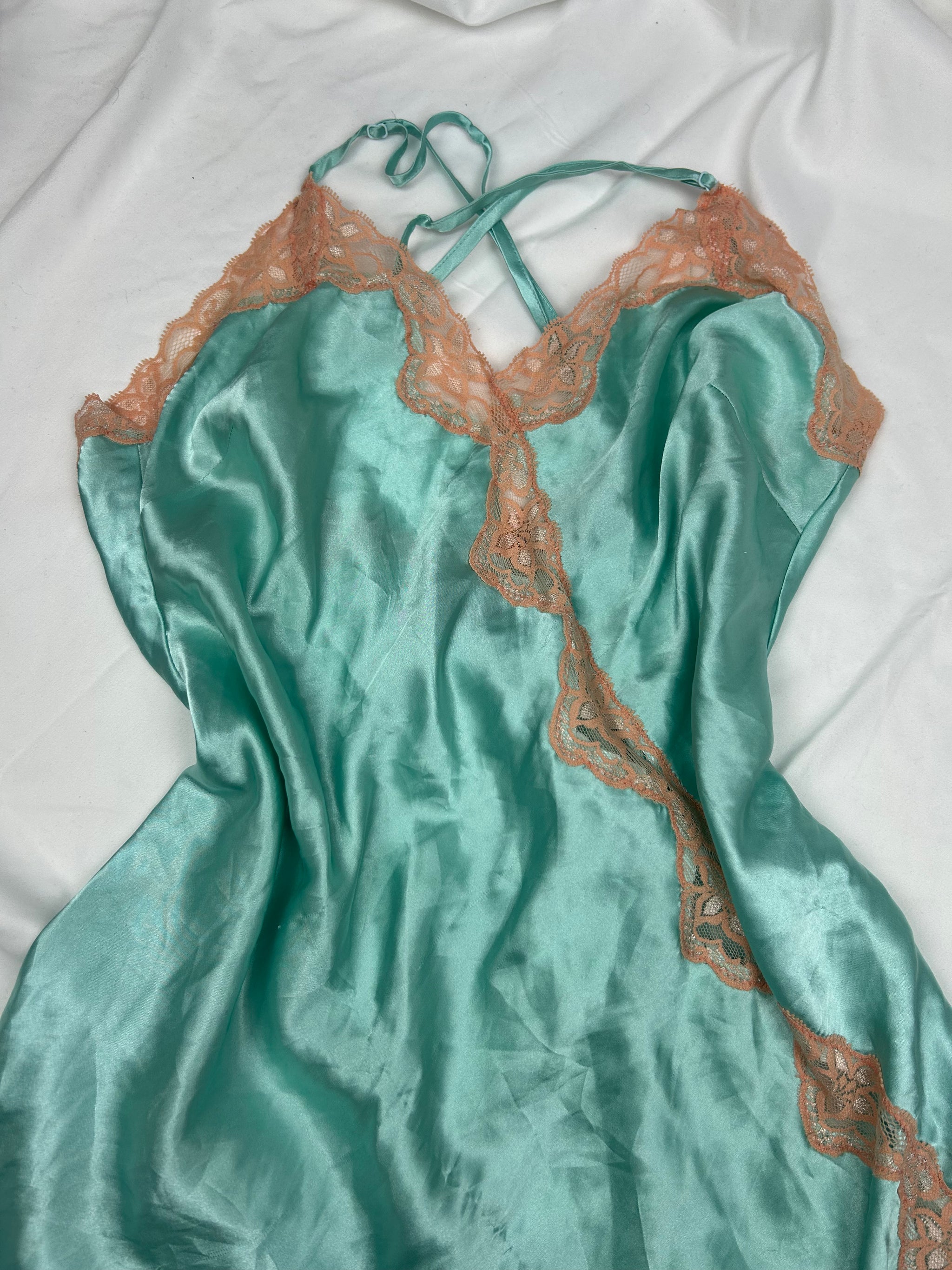 Blue silky & lace babydoll mini dress (M)