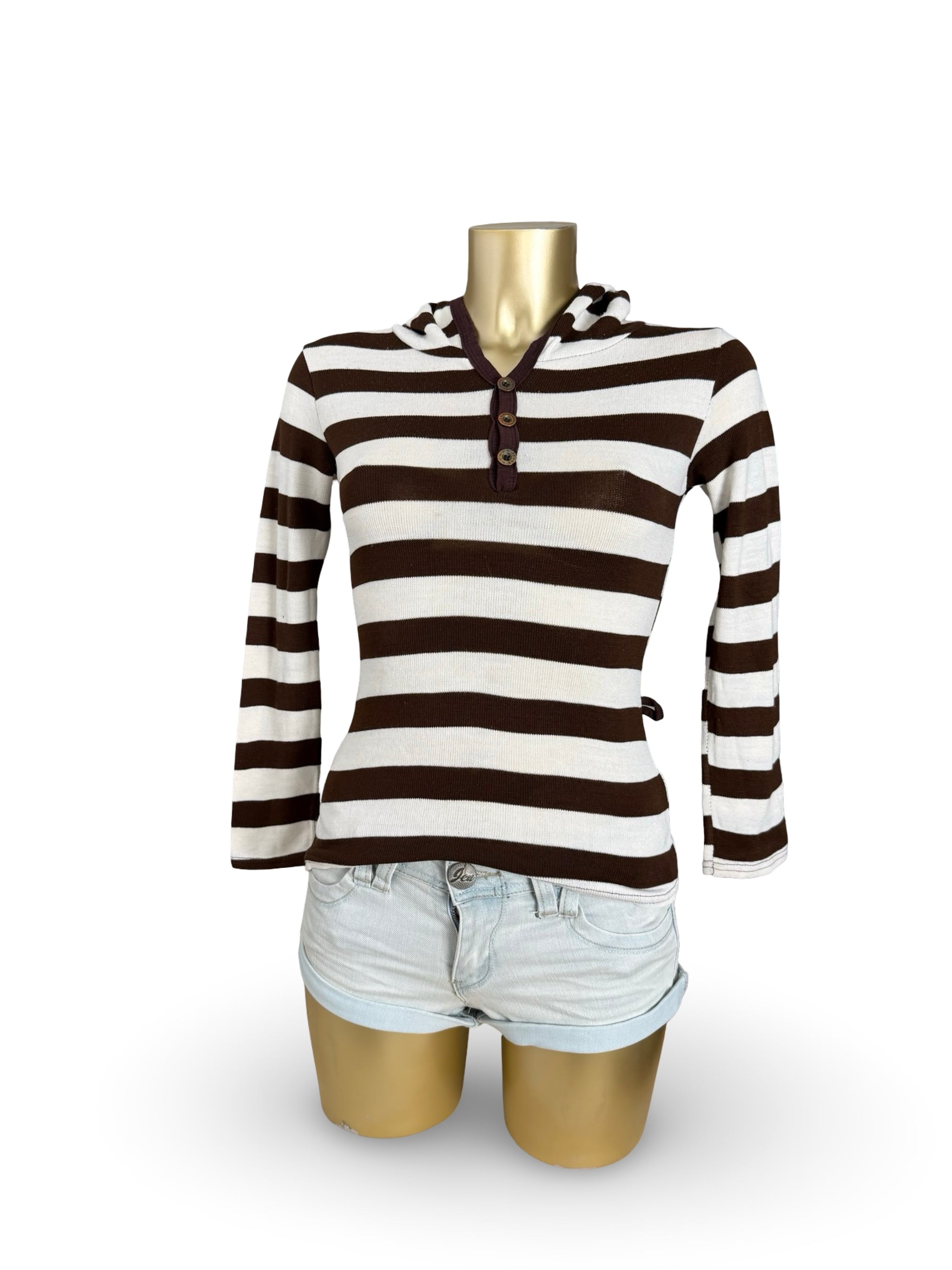 Brown striped hooded long sleeves top (S)