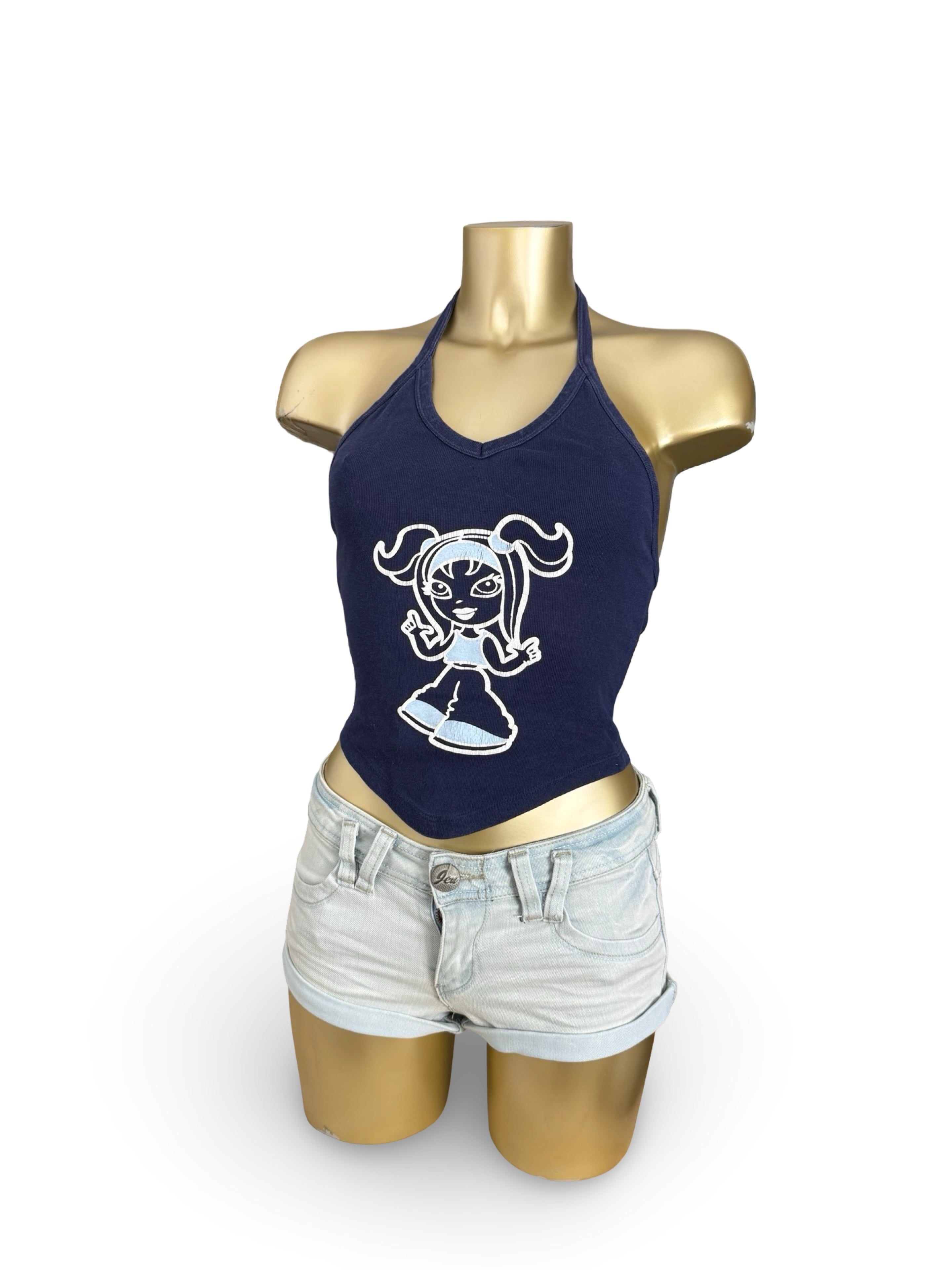 Navy graphic cotton halter top (XS)