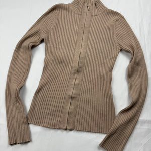Beige ribbed zip up super stretchy cardigan jumper (M)