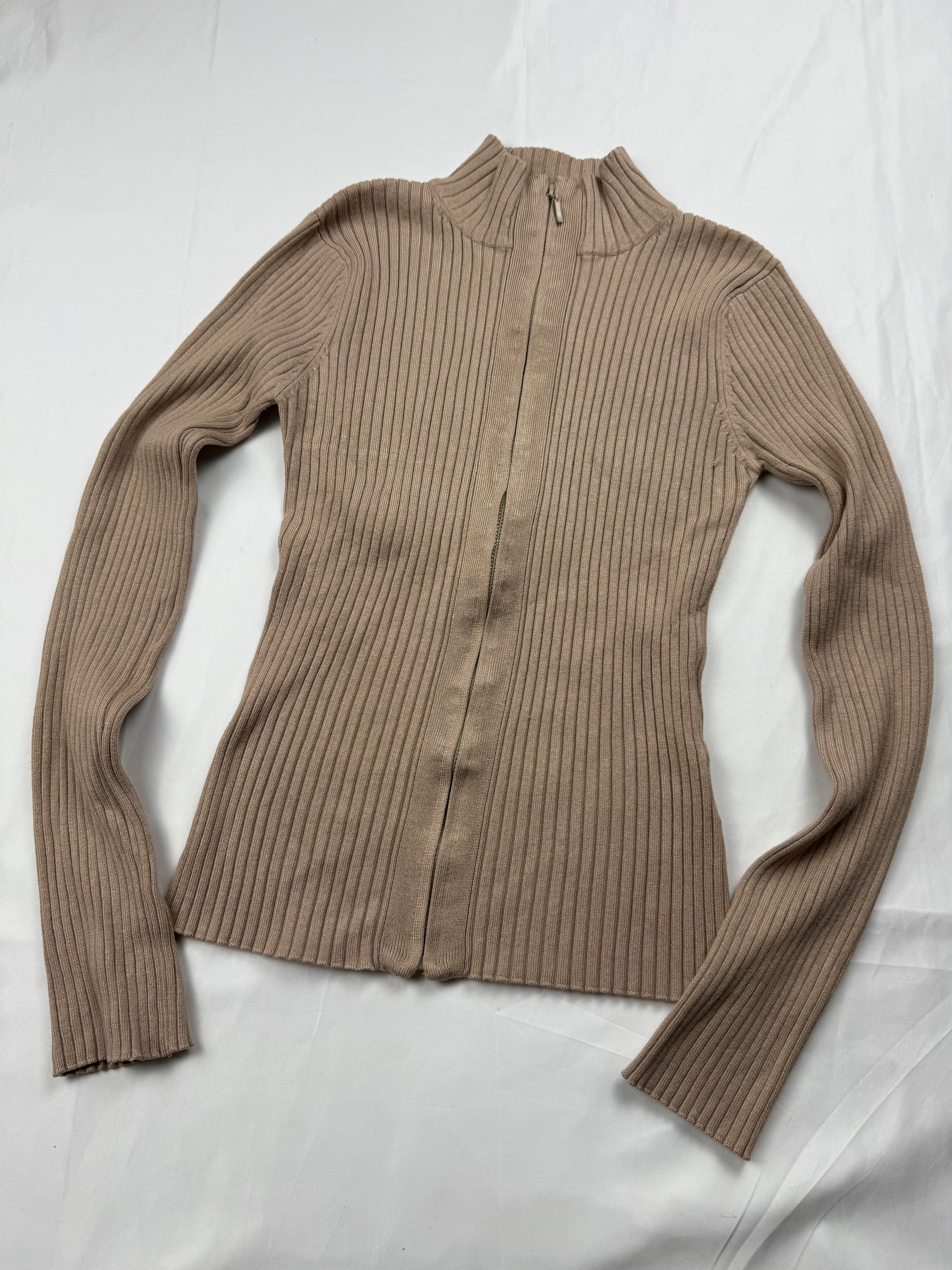 Beige ribbed zip up super stretchy cardigan jumper (M)