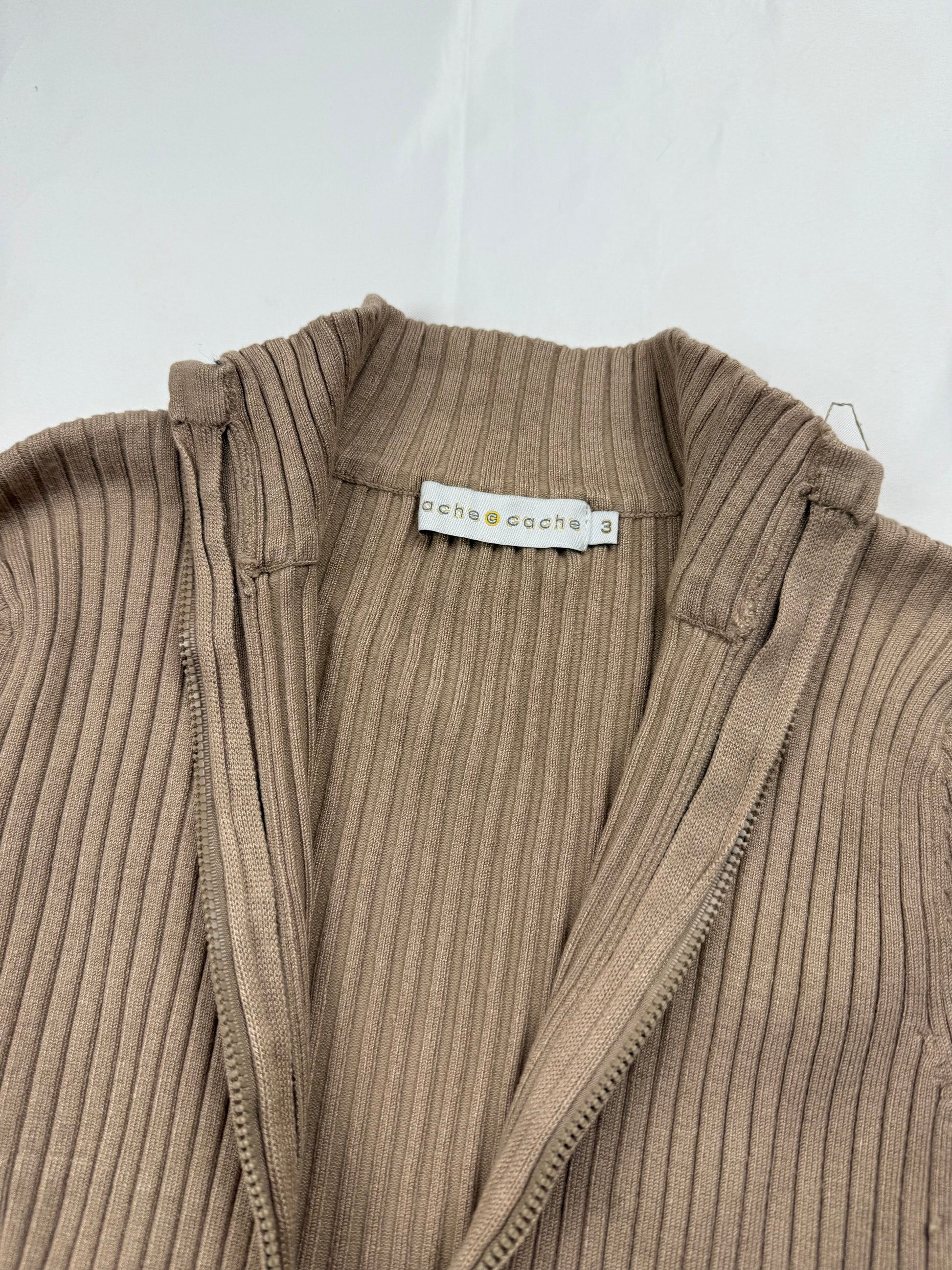 Beige ribbed zip up super stretchy cardigan jumper (M)