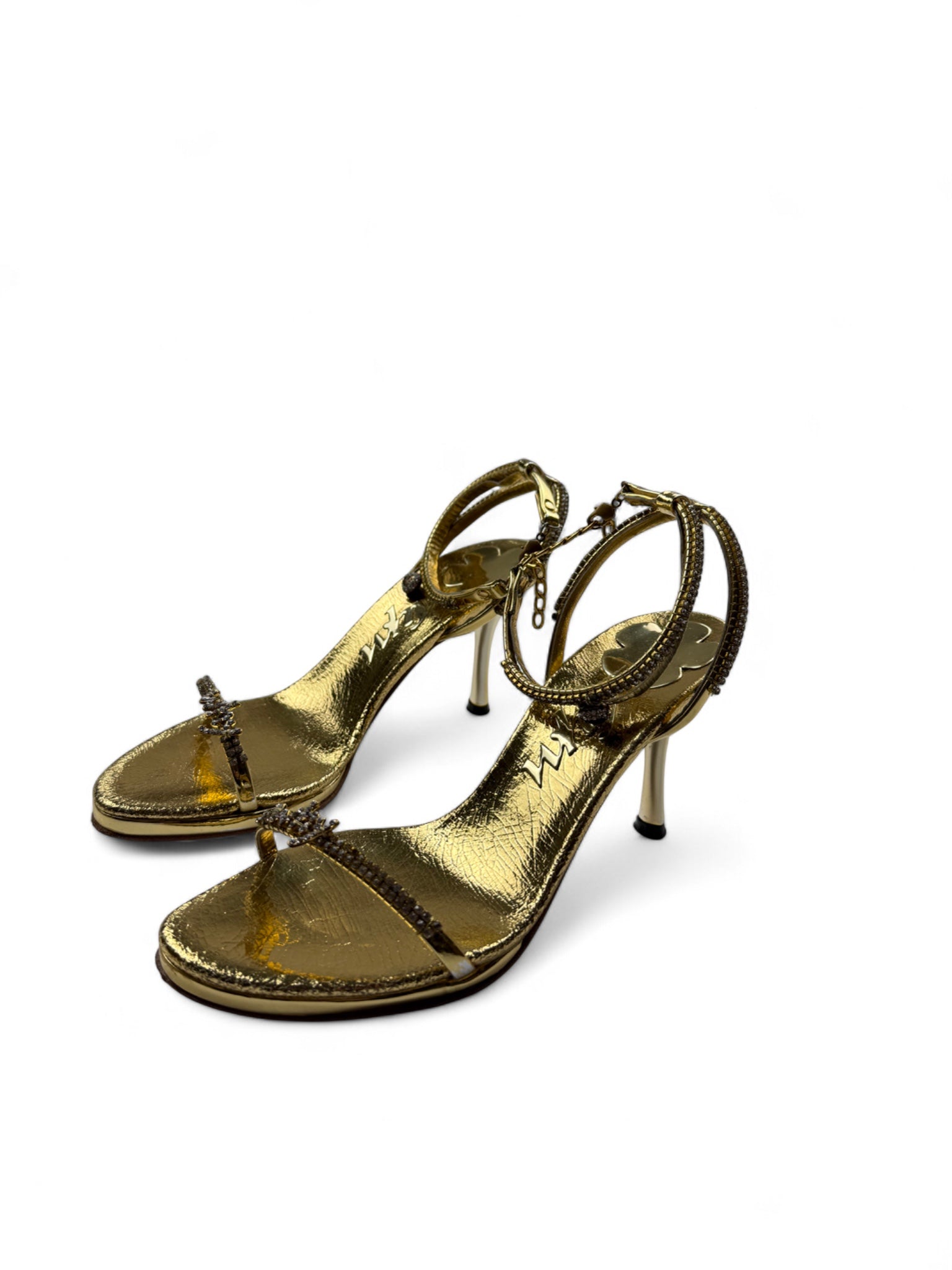 Gold rhinestones 100% real leather heels shoes (35/36)
