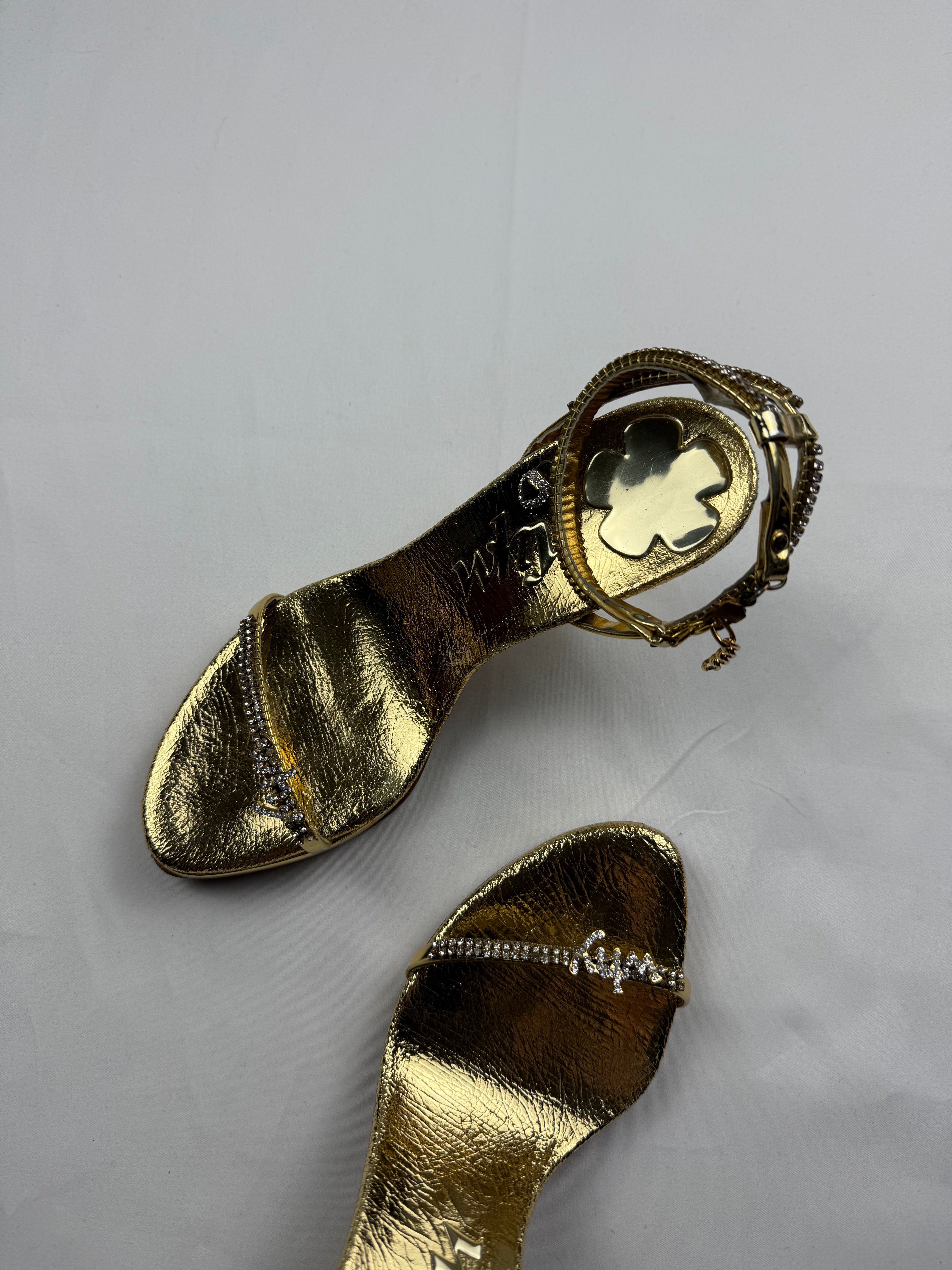 Gold rhinestones 100% real leather heels shoes (35/36)