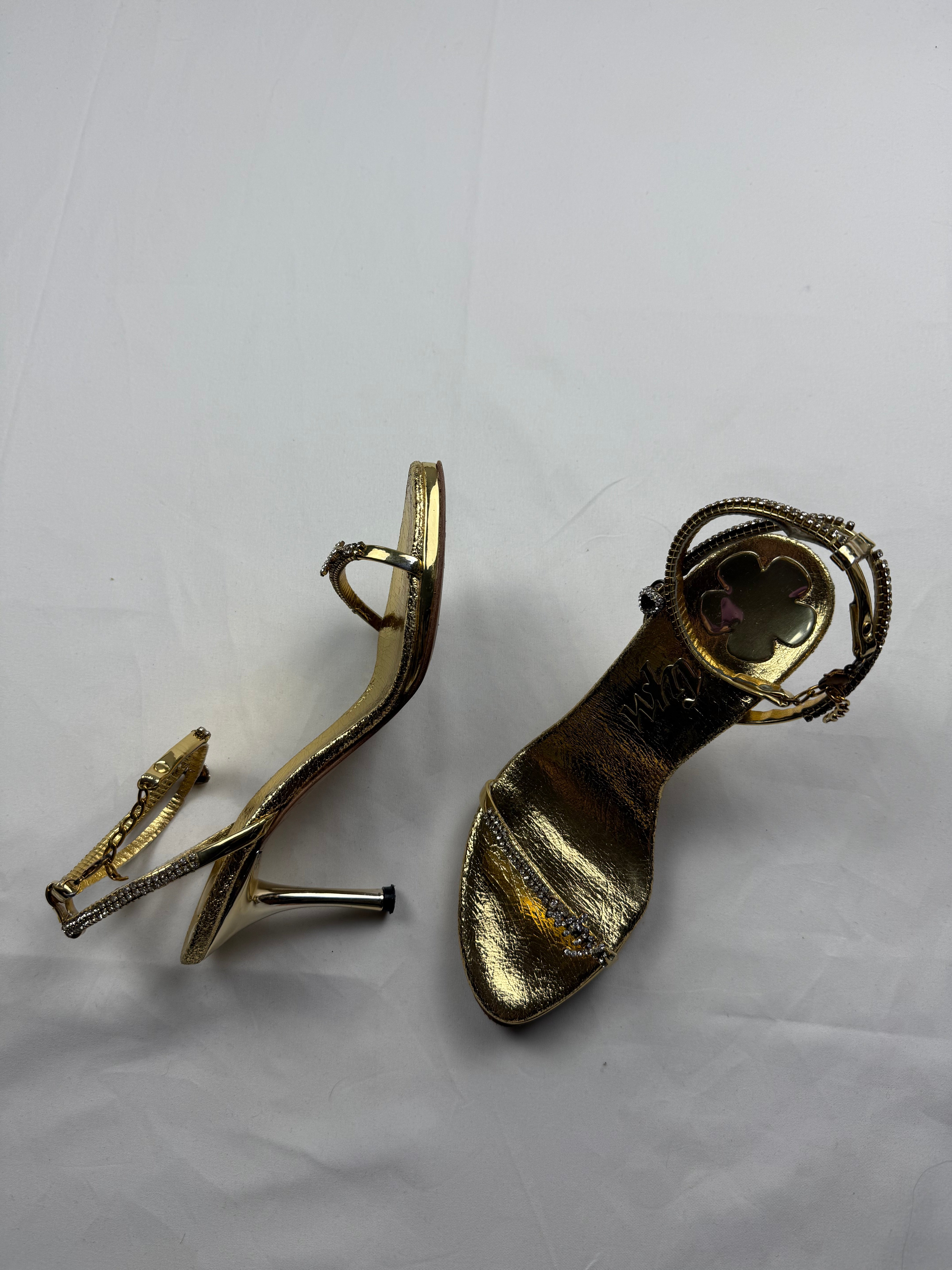 Gold rhinestones 100% real leather heels shoes (35/36)