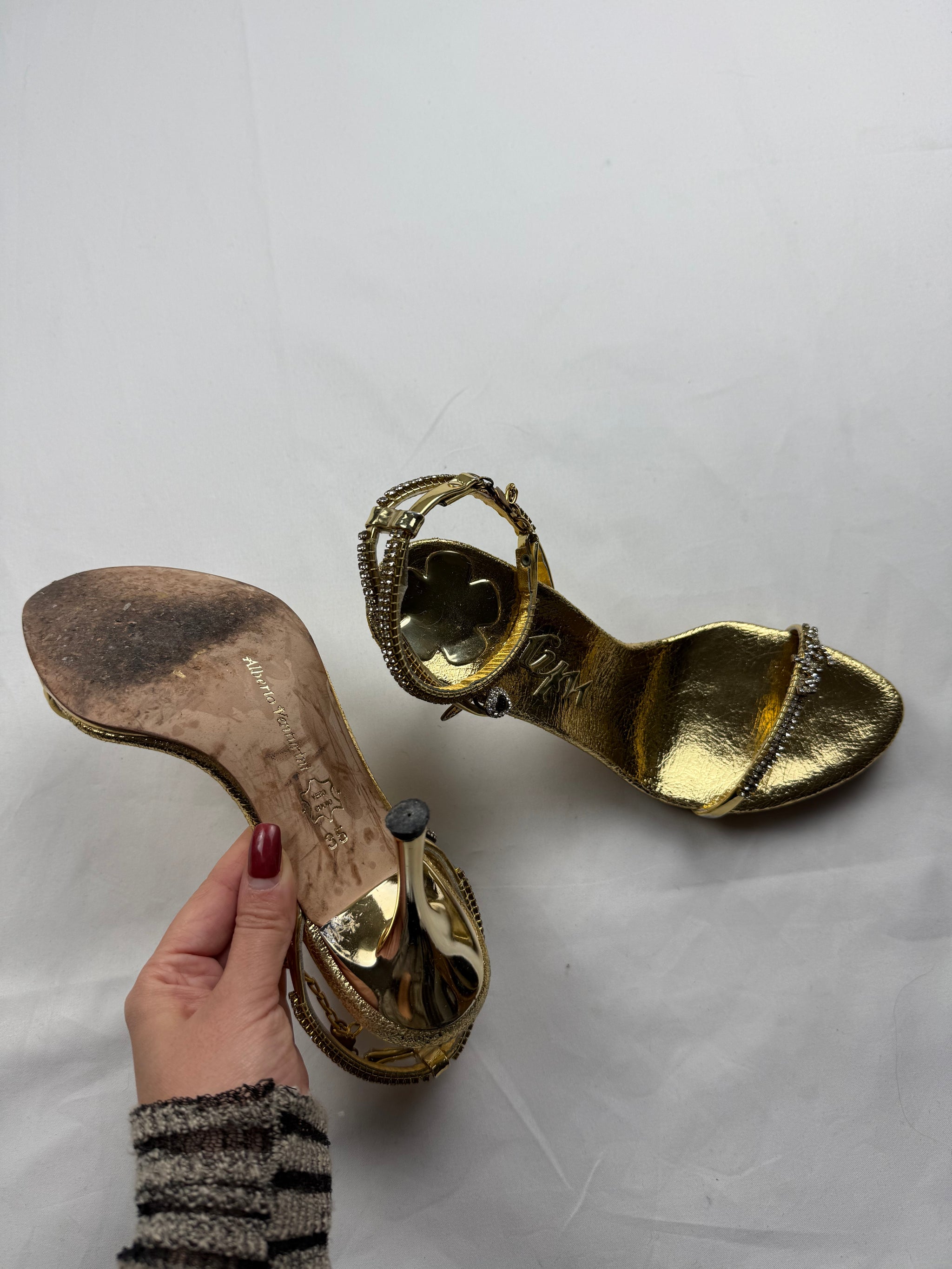 Gold rhinestones 100% real leather heels shoes (35/36)