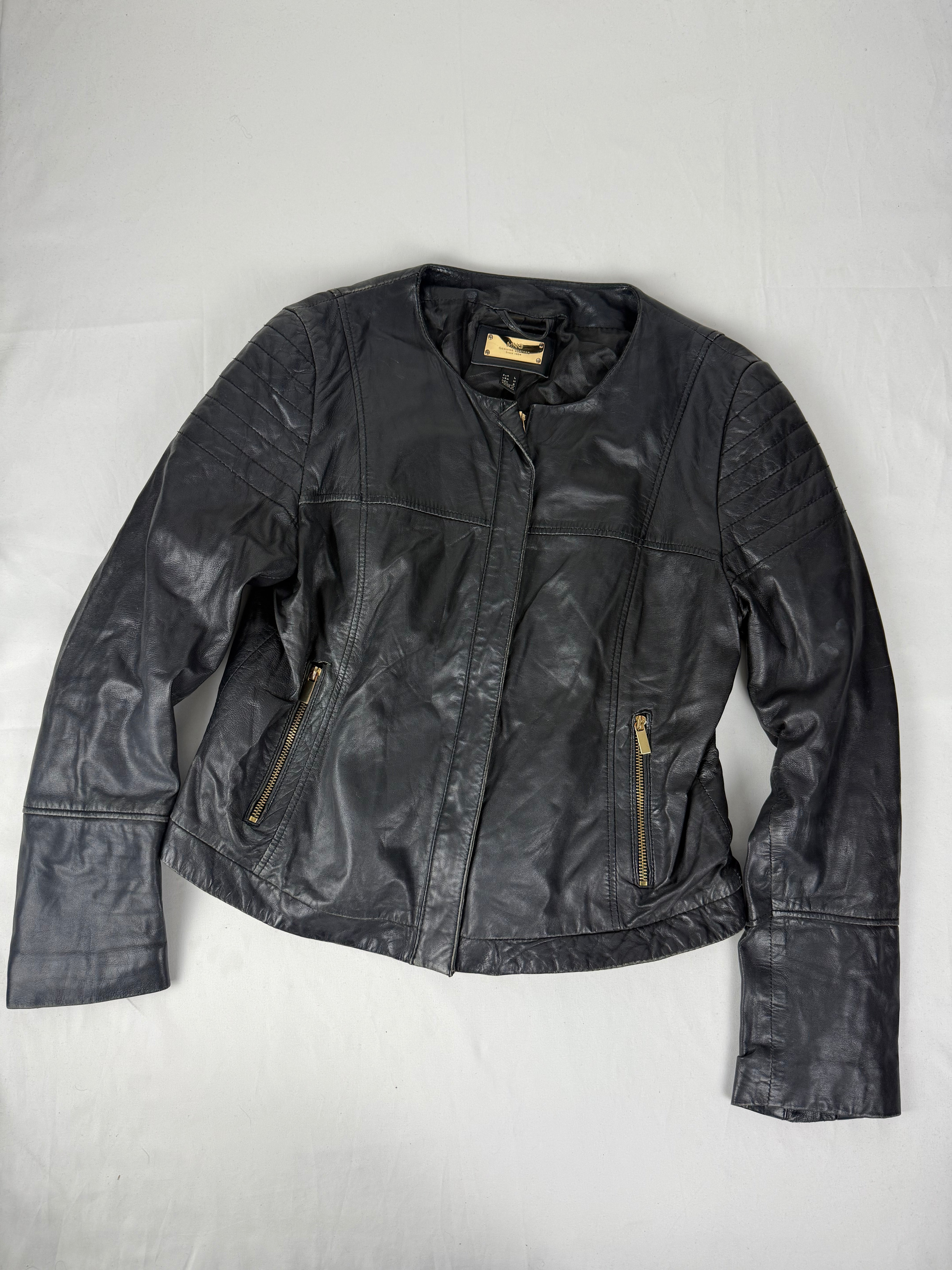 Black real leather zip up biker jacket (L)