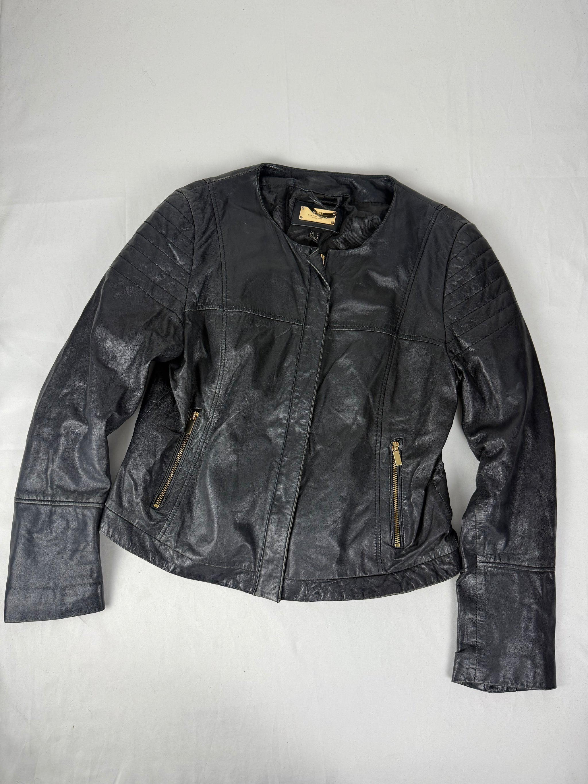 Black real leather zip up biker jacket (L)