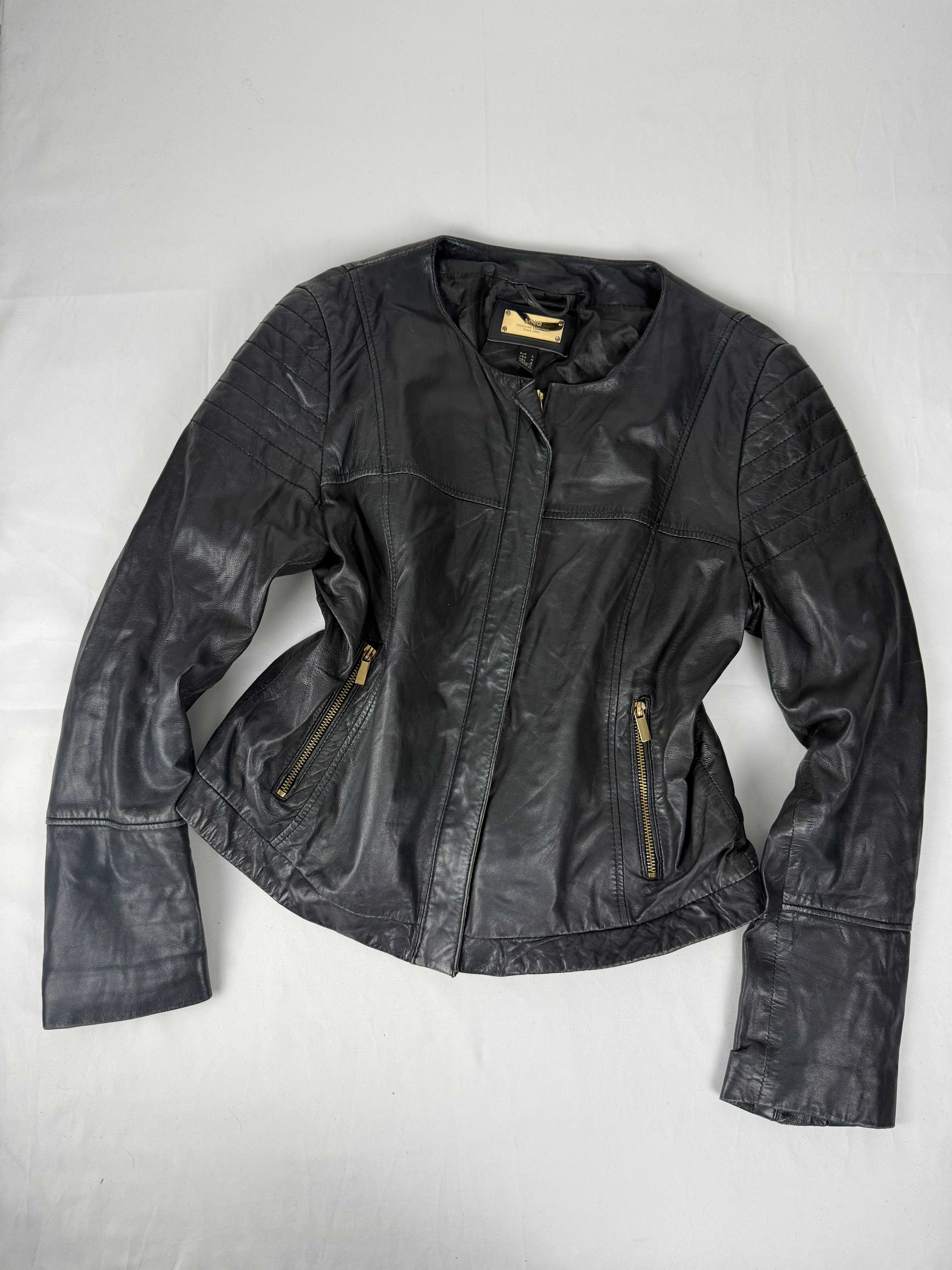 Black real leather zip up biker jacket (L)