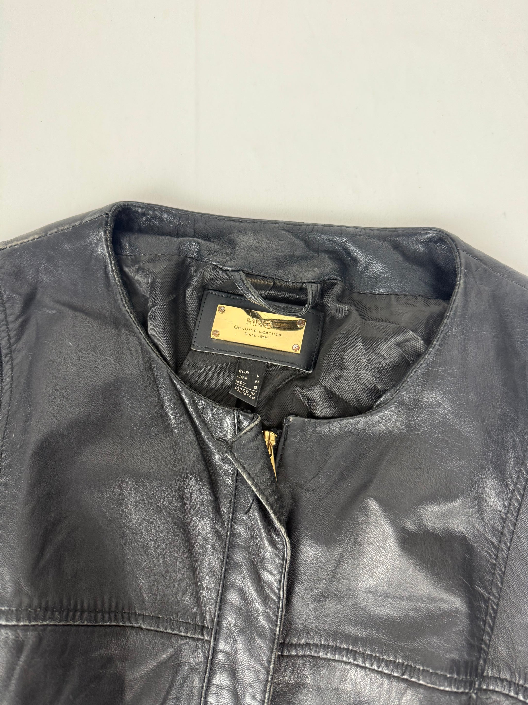 Black real leather zip up biker jacket (L)