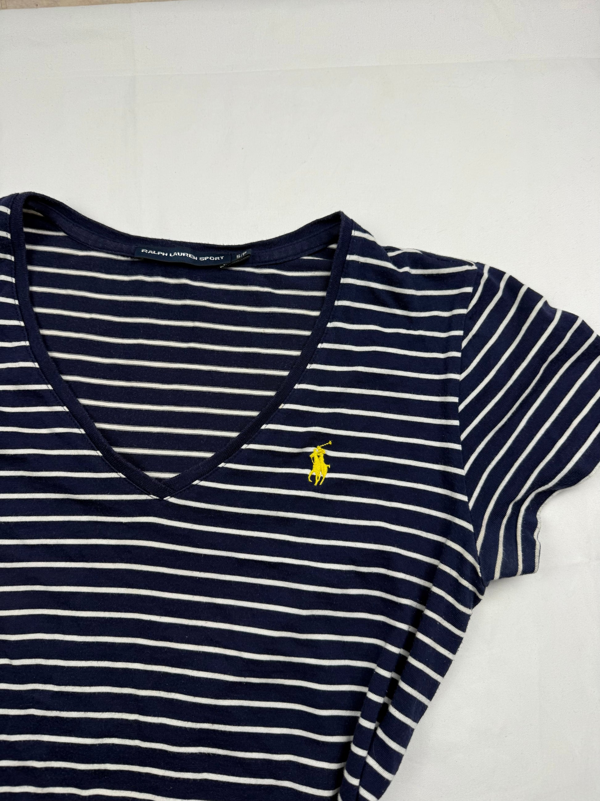 Navy striped cotton V neck tight fit tee (S)