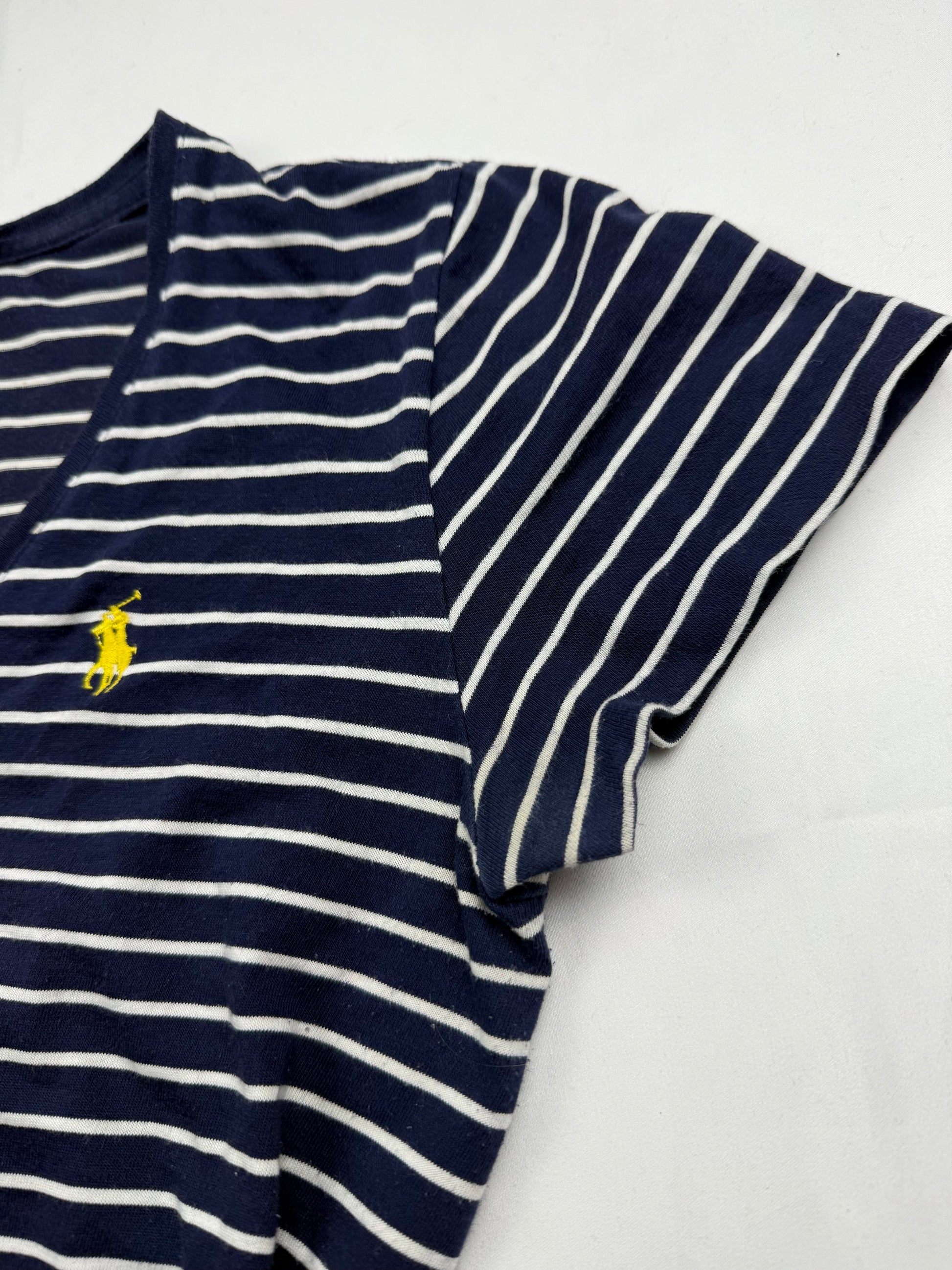 Navy striped cotton V neck tight fit tee (S)