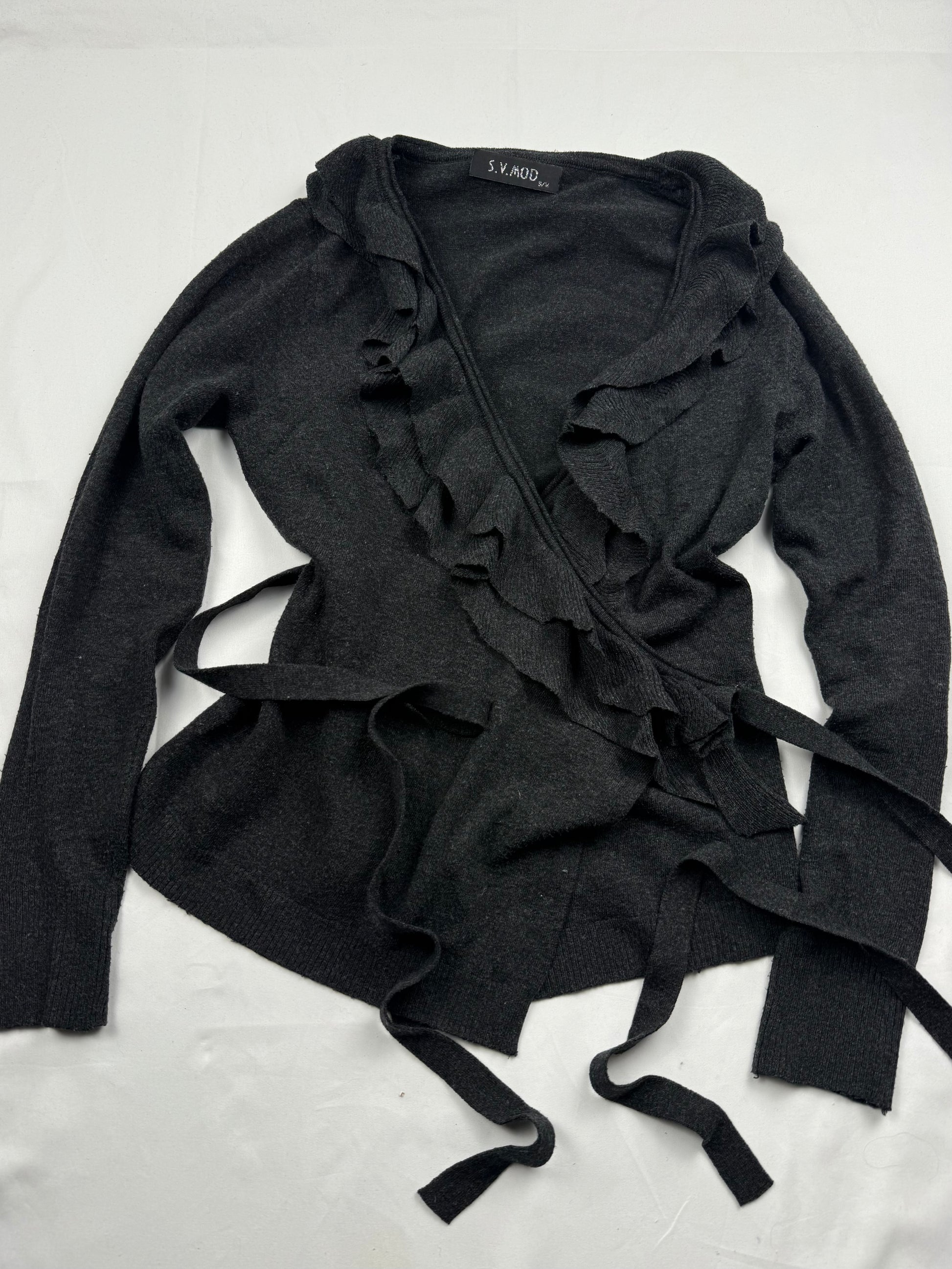 Black ruffles cashmere & silk tie up cardigan jumper (S/M)