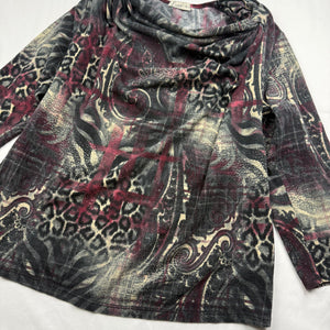 Black graphic fleece plunge neck long sleeves top (XL)