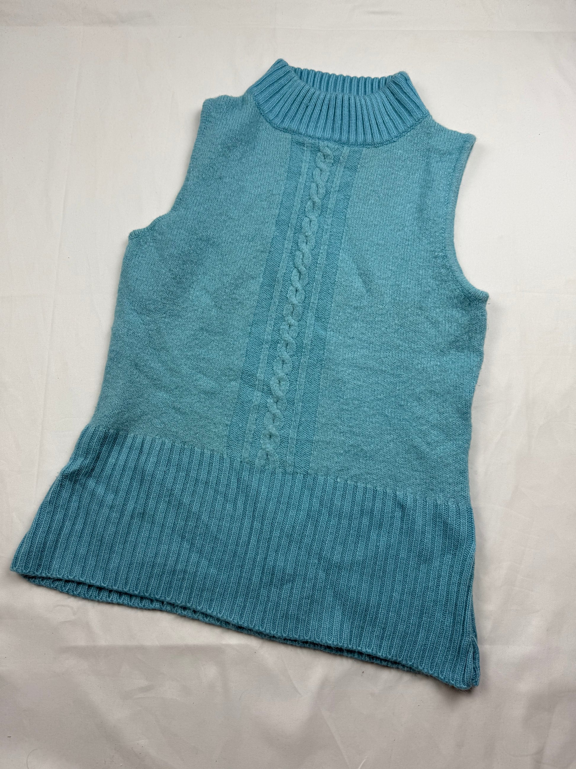 Baby blue knitted high neck sleeveless jumper (S/M)