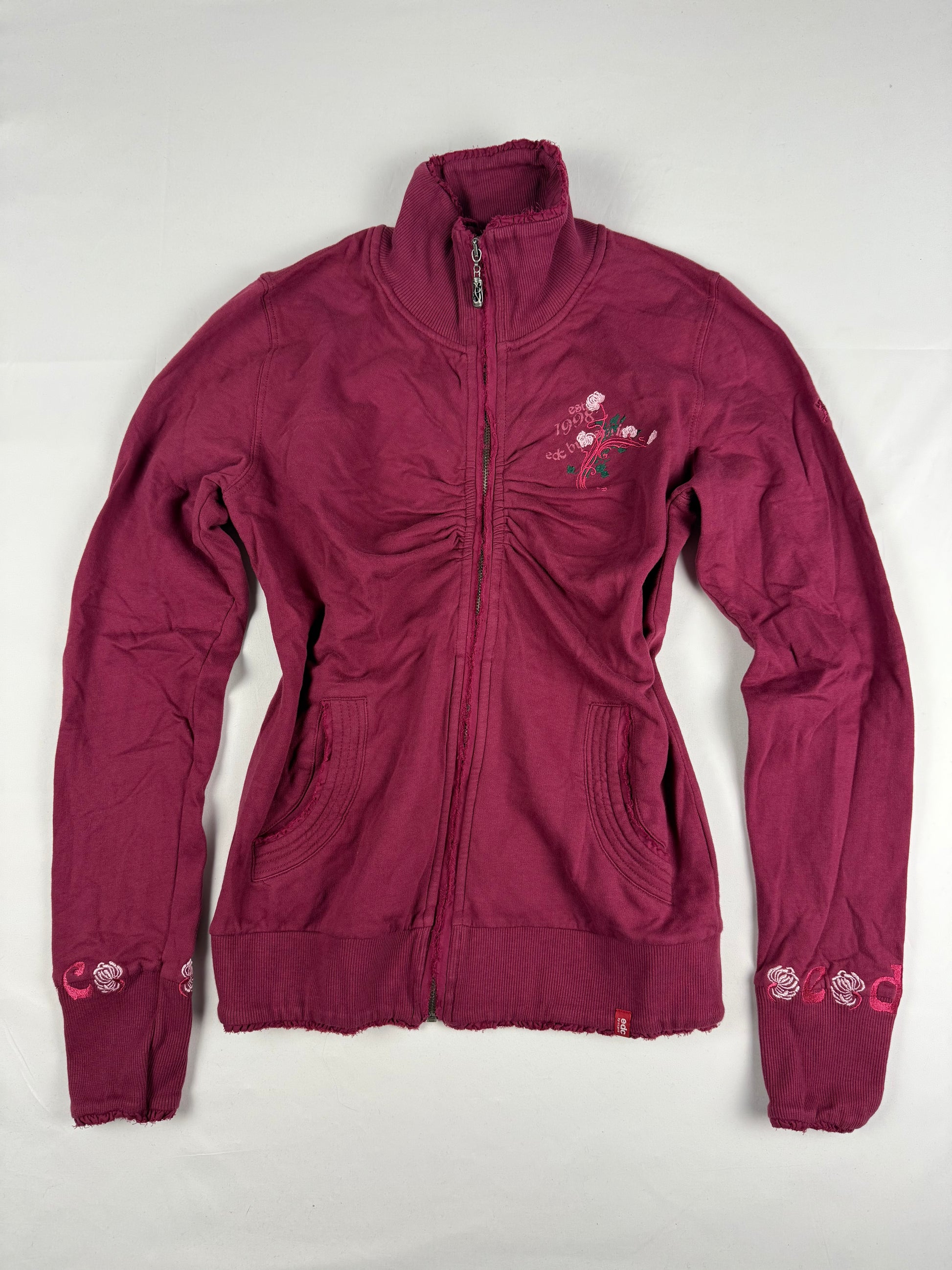 Burgundy 100% cotton ruched zip up tight fit sweatshirt (M)