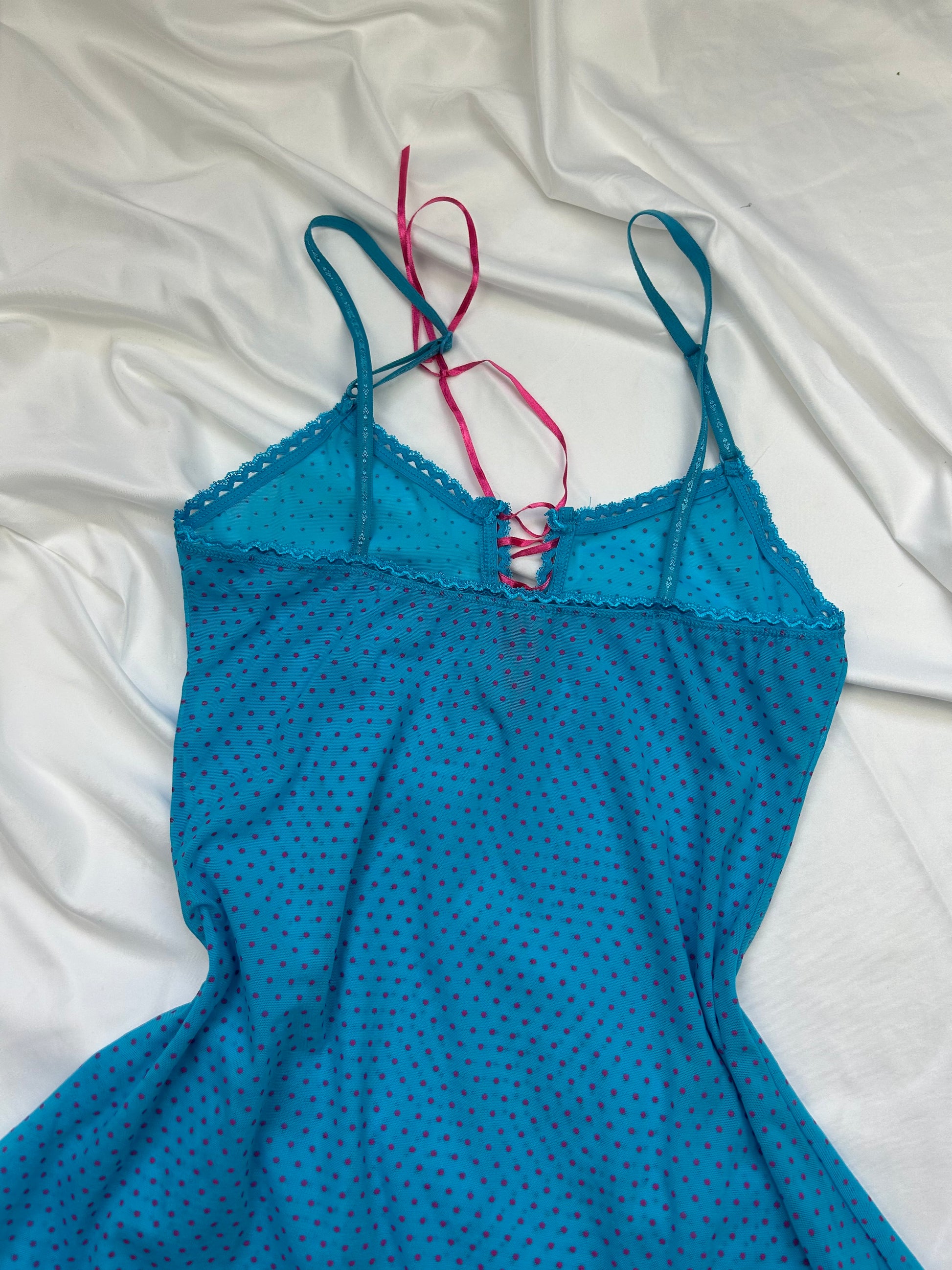 Polka dots mesh lace up babydoll mini dress (S)