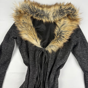 Grey faux fur neck maxi maxi cardigan jumper (M)