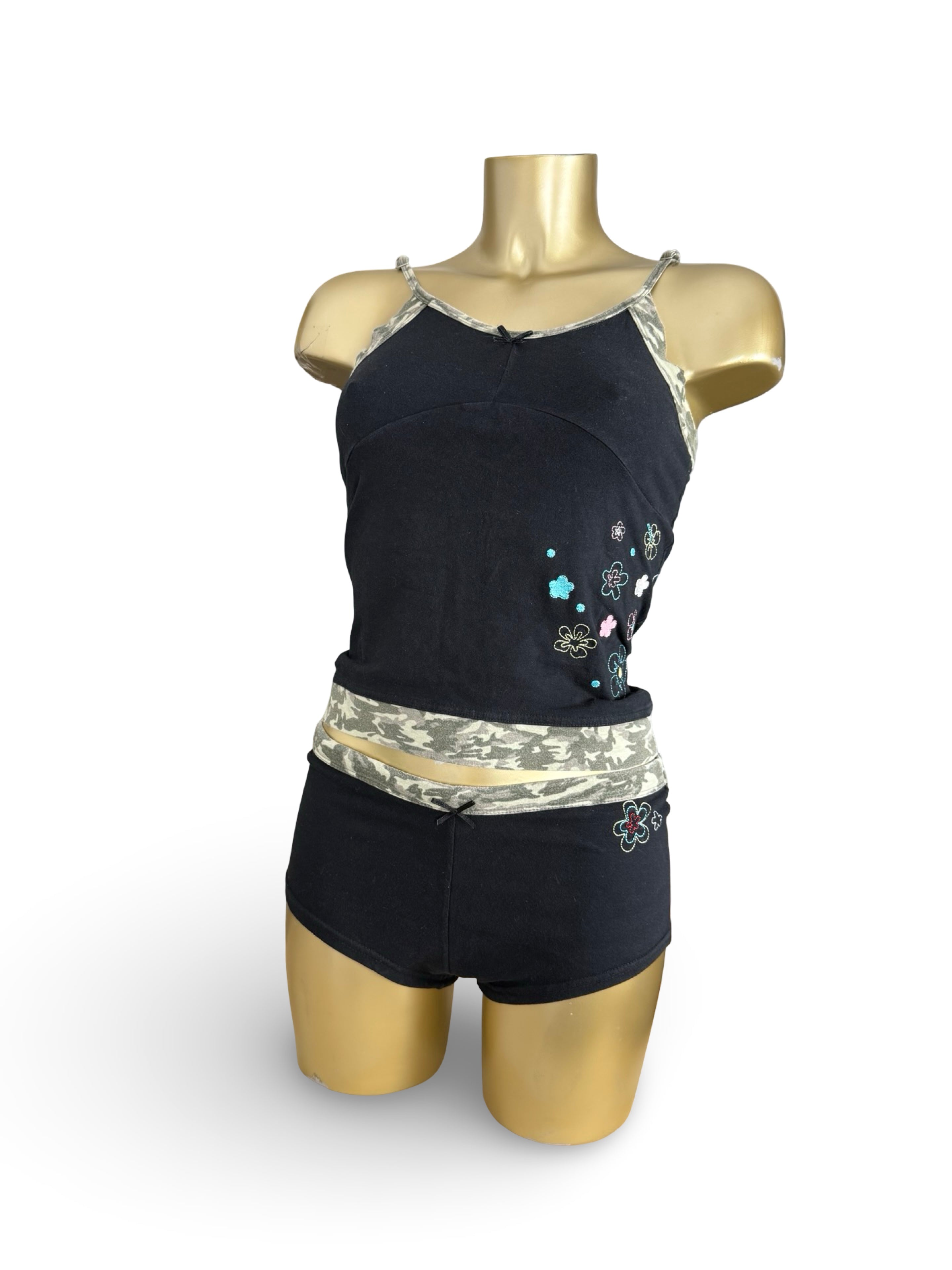 Black camo cotton top + shorty set (M)