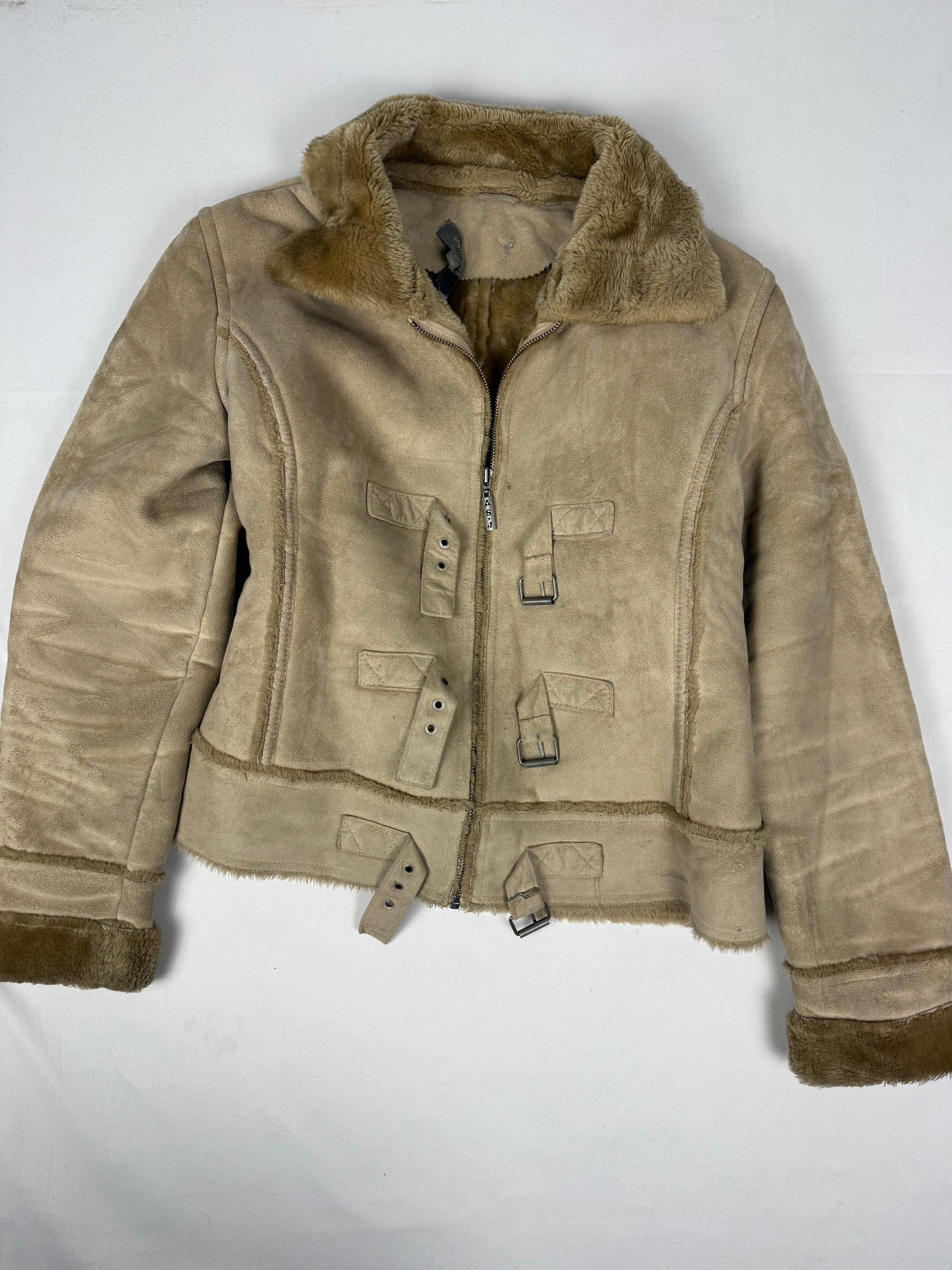 Beige suede inside faux fur jacket (L)