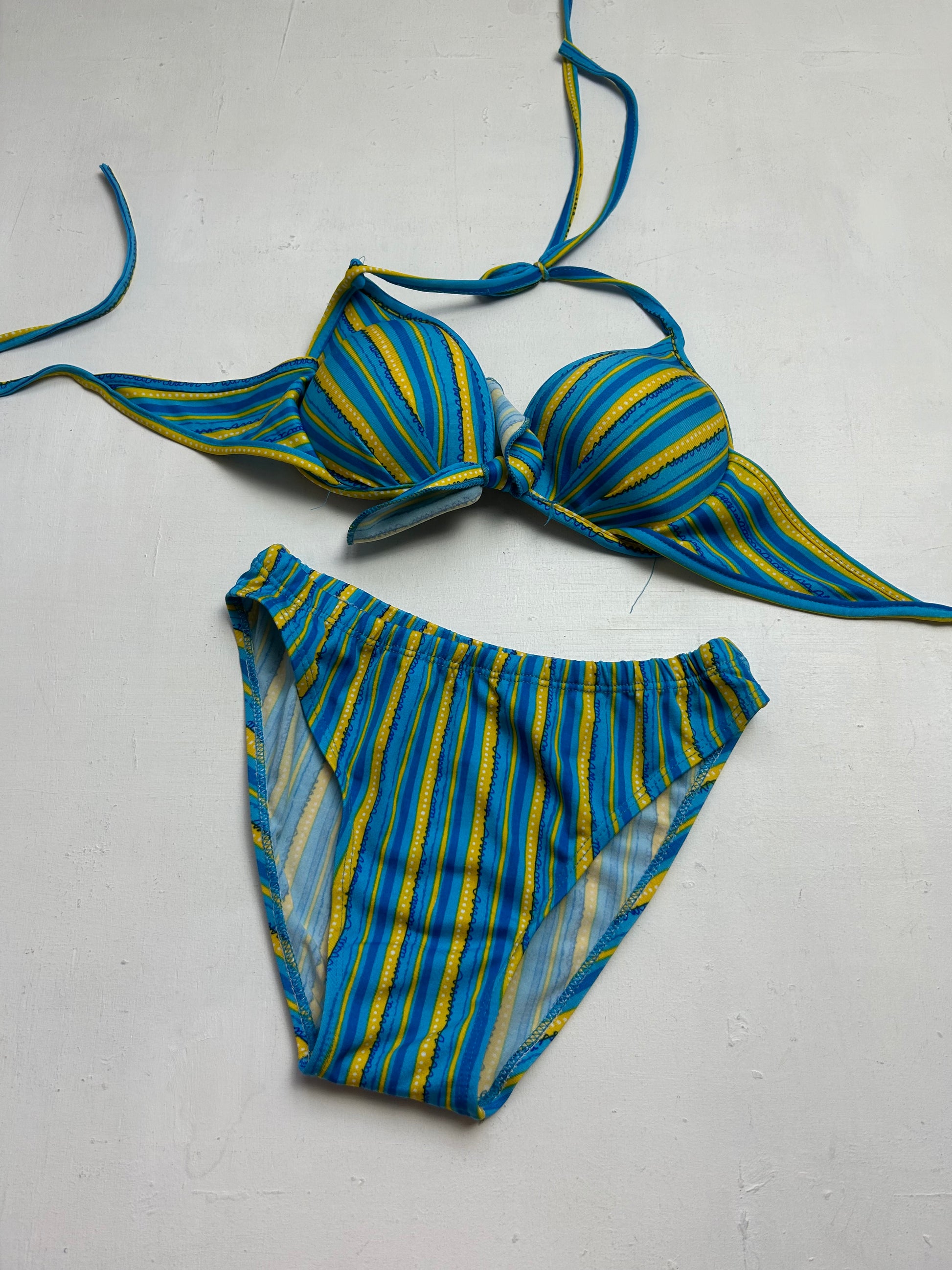 Blue striped mid rise adjustable y2k vintage bikini set + pareo skirt (S)